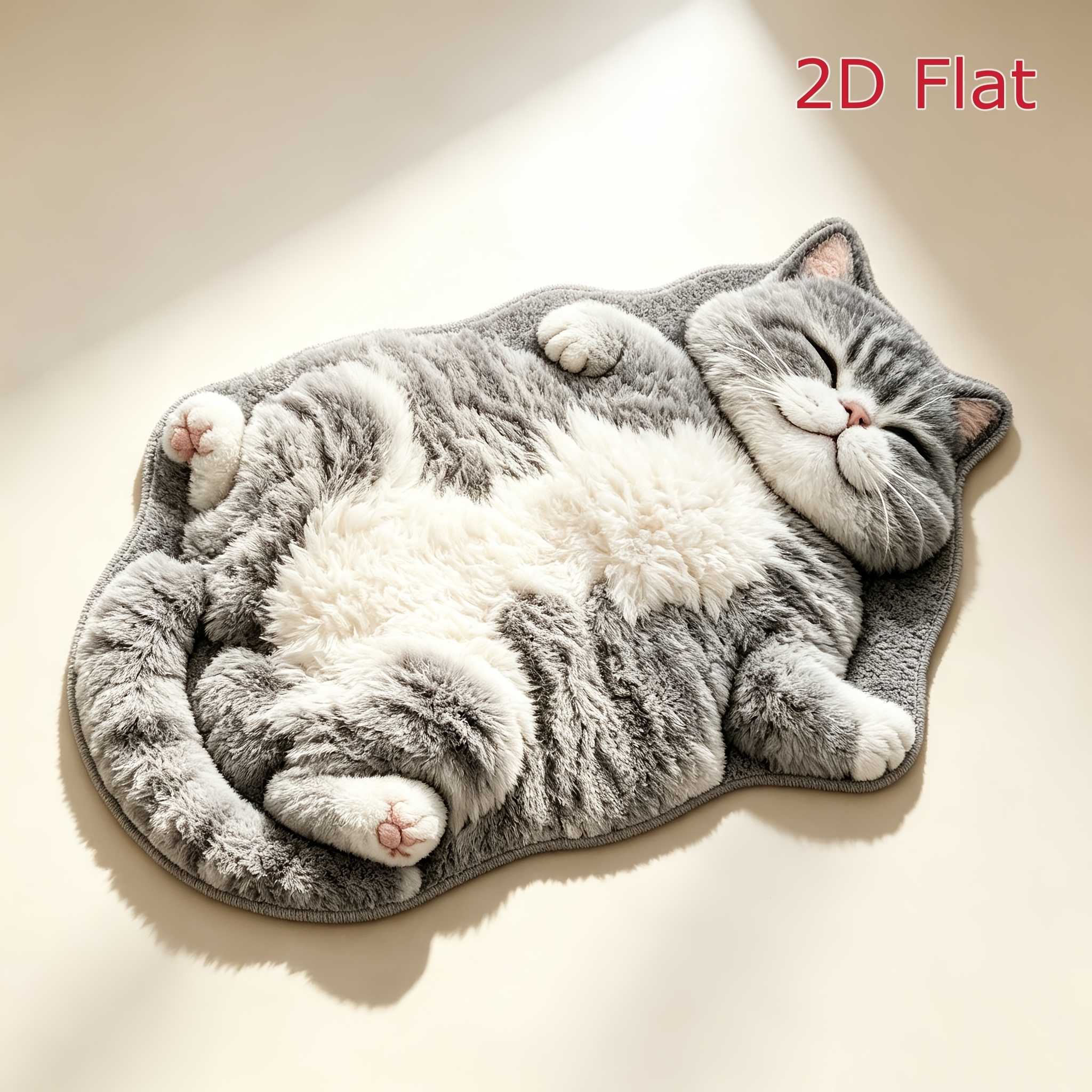 TEMU 1pc 2d Painting Simulated Style Reclining Gray-white British Shorthair Cat Plush Irregularly Shaped Mat, Bedroom Decor Item, Suitable For Living