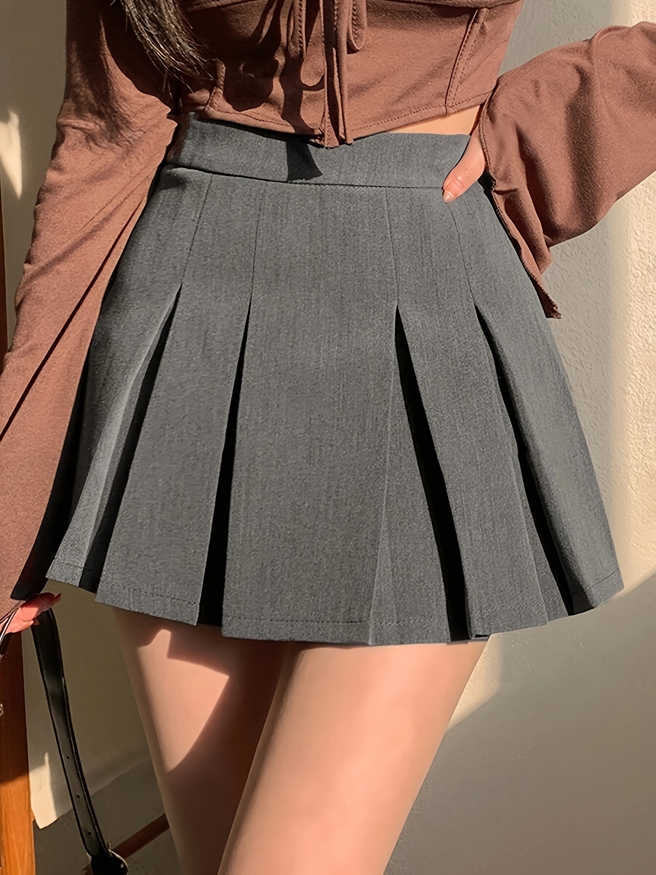 solid color high waist pleated skirt preppy a line mini Temu Oman
