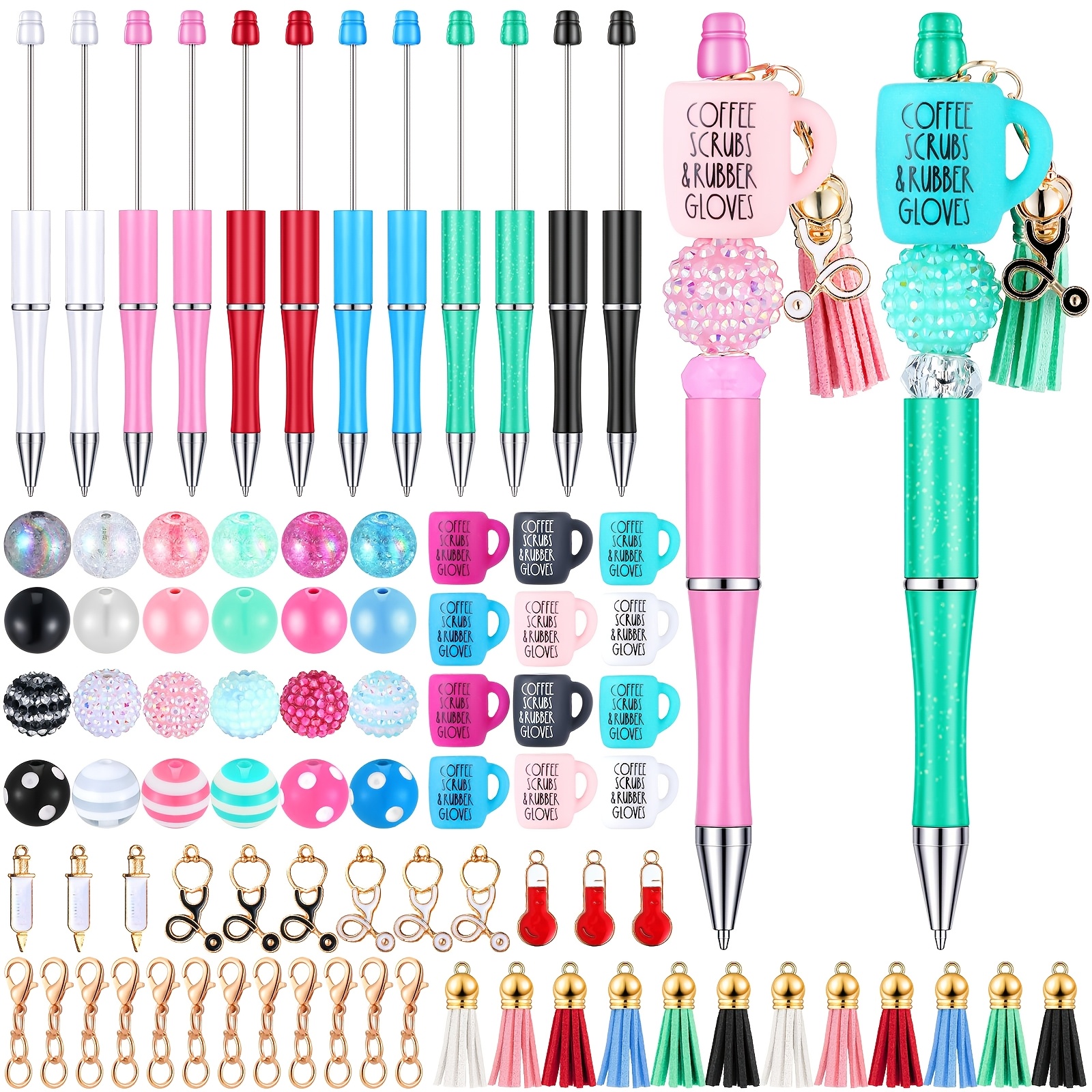 

12pcs Nurse Beadable Pens With 50pcs Beads 12 Tassels 12 Pendants Assorted Silicone Bead Pens For Diy Making Kit Beaded Pens For Office Nurse Gift