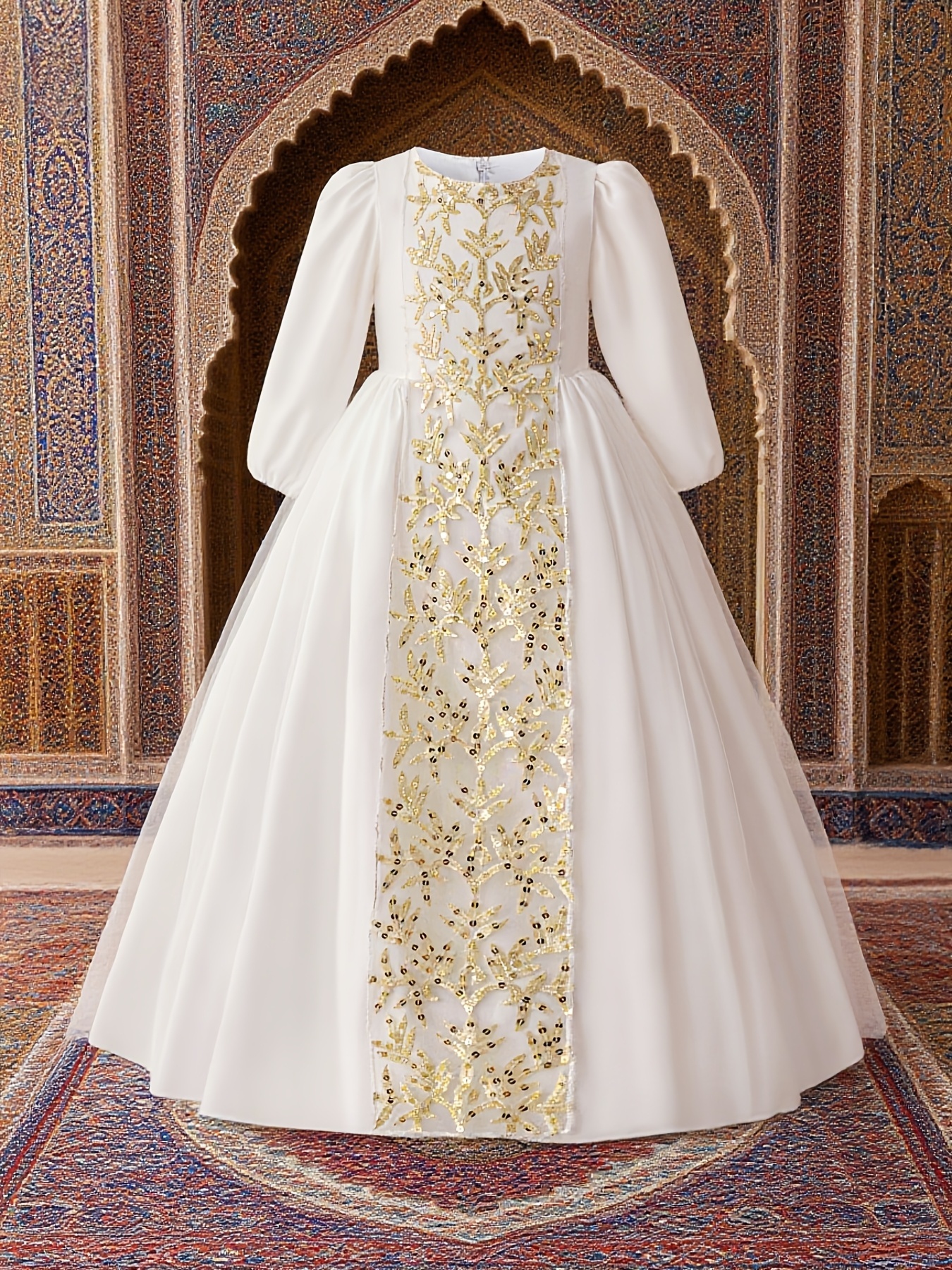 elegant girls' middle eastern eid al-fitr party dress, arabic girls' white  long-sleeved, muslim evening dress - kids' fashion