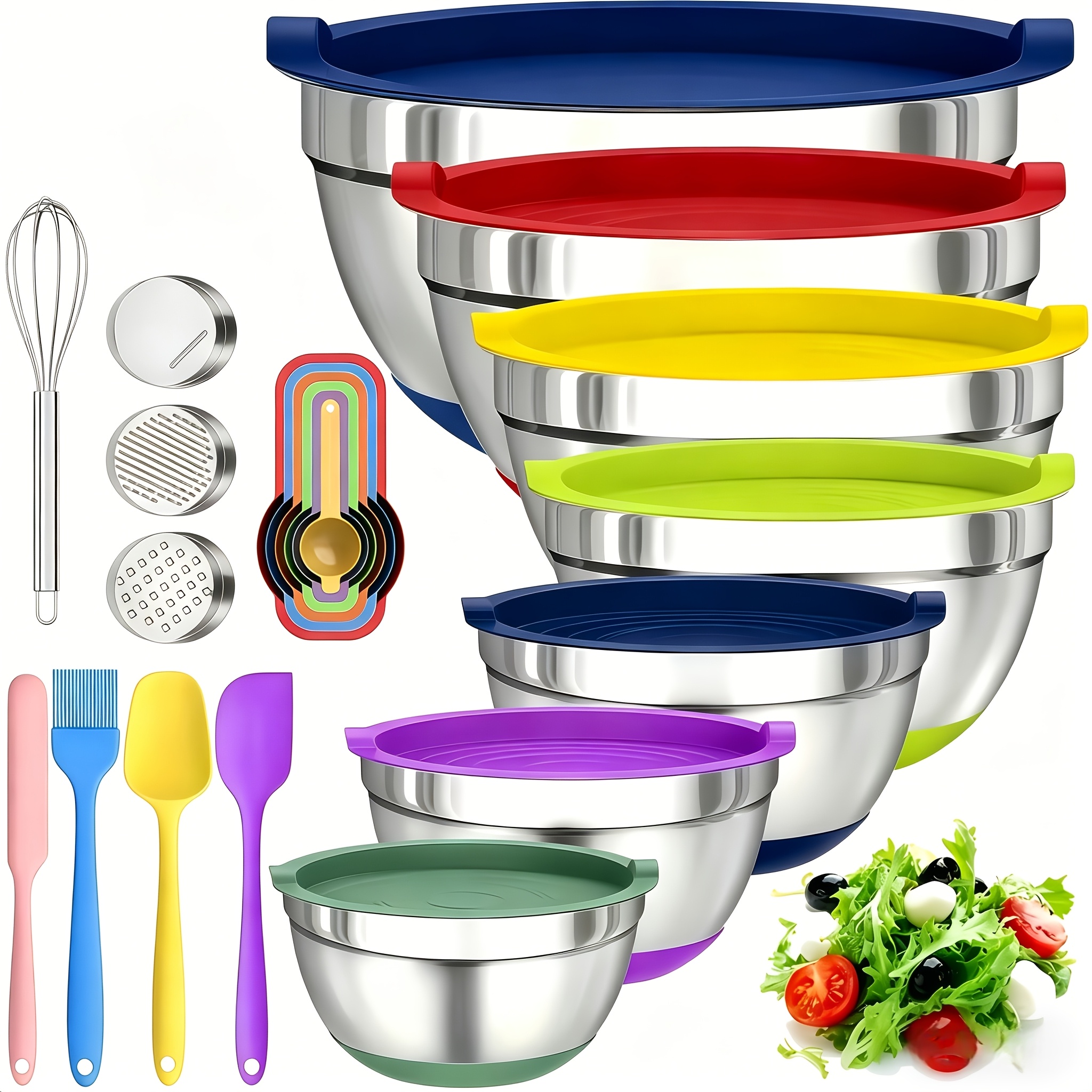 E-shop 22-tlg./10-tlg. Fortschrittliche Edelstahl-Salatschüsseln mit Deckeln, verbesserter Silikon-Schüsselboden, stapelbare Salatschüssel-Gruppe,