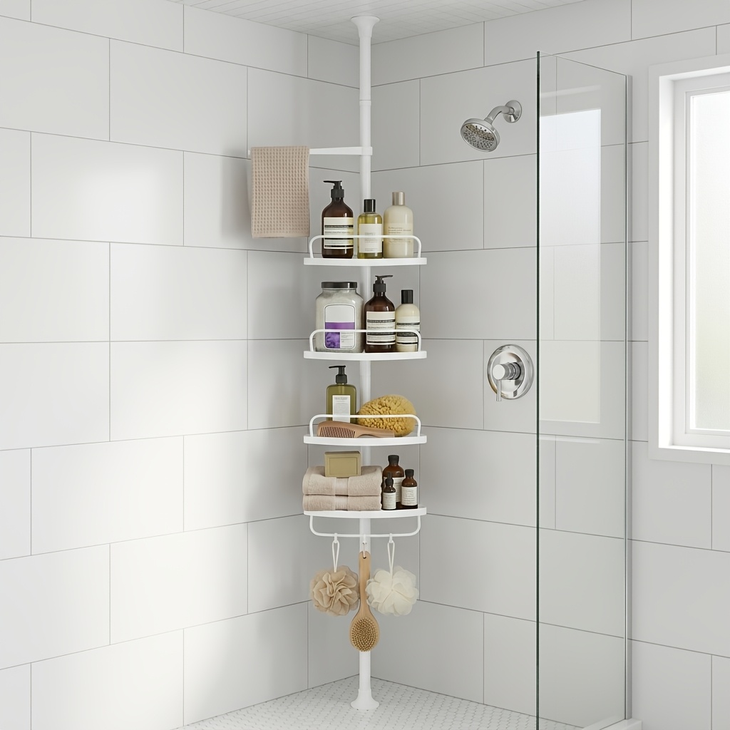 TEMU Étagère de douche 4 niveaux, support de rangement, étagère d'angle de salle de bain avec barre à serviettes, hauteur réglable, acier à la