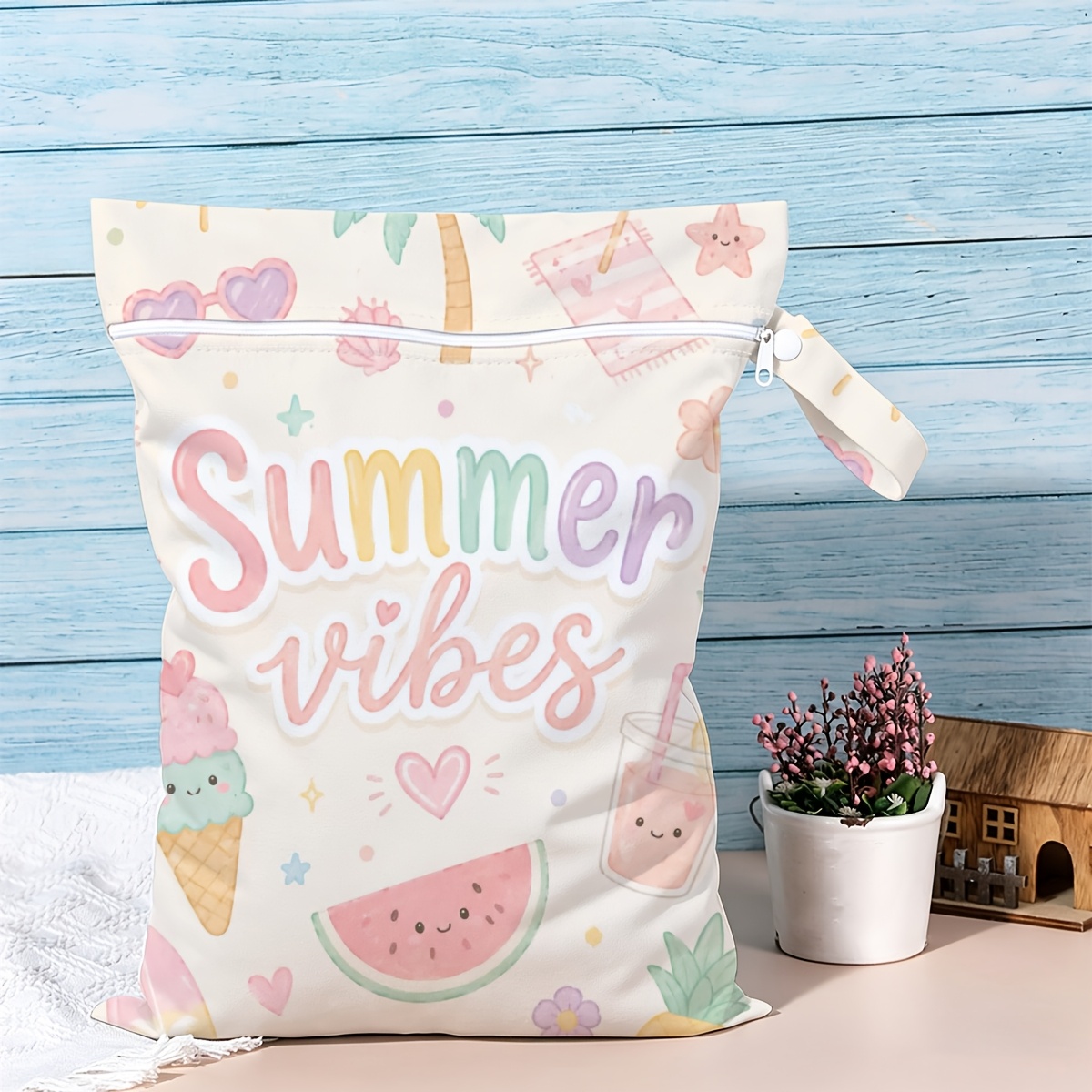 Image of Macaron Cartoon Summer Element Print Wet Dry Bag, Swimming Gear Equipment Bag, Swimming Equipment Storage Bag, Smooth Zipper Beach Vacation Swim Essentials Carry Bag