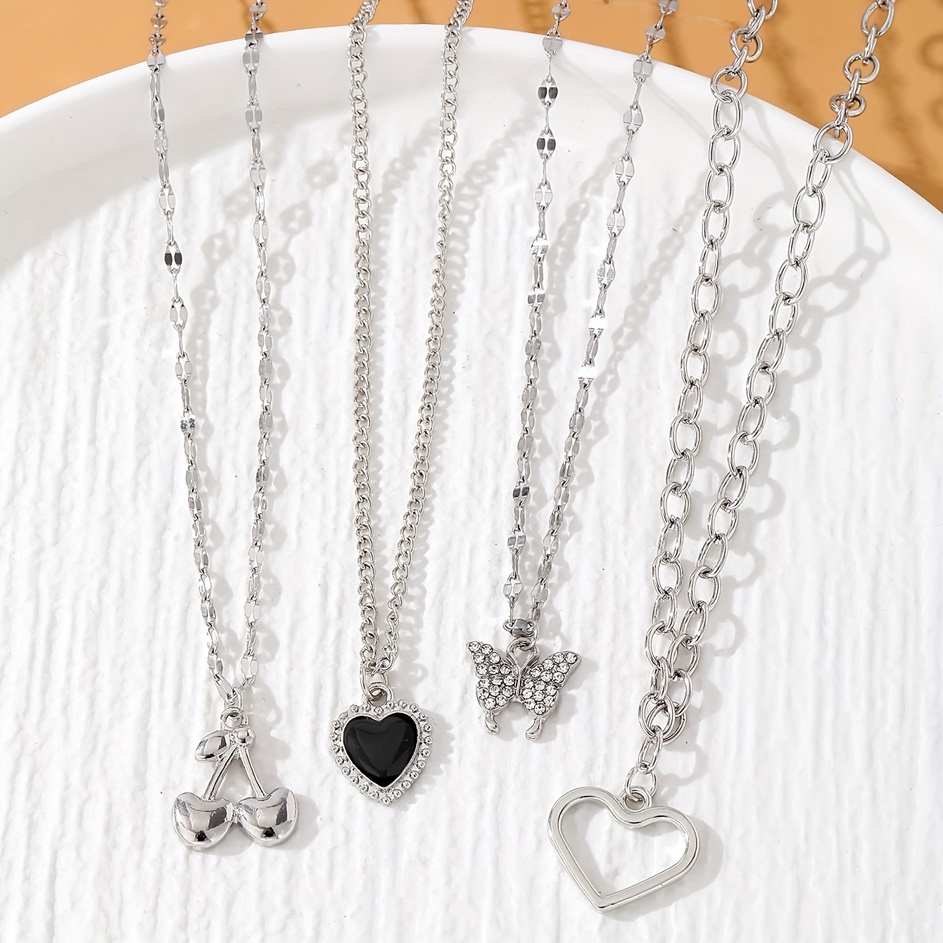 4pcs Elegant Shiny Rhinestone Butterfly Heart Pendant Necklace Set, Stylish Silvery Cherry Multi-Layer Layered Necklaces for Women, Trendy Daily Party Accessories
