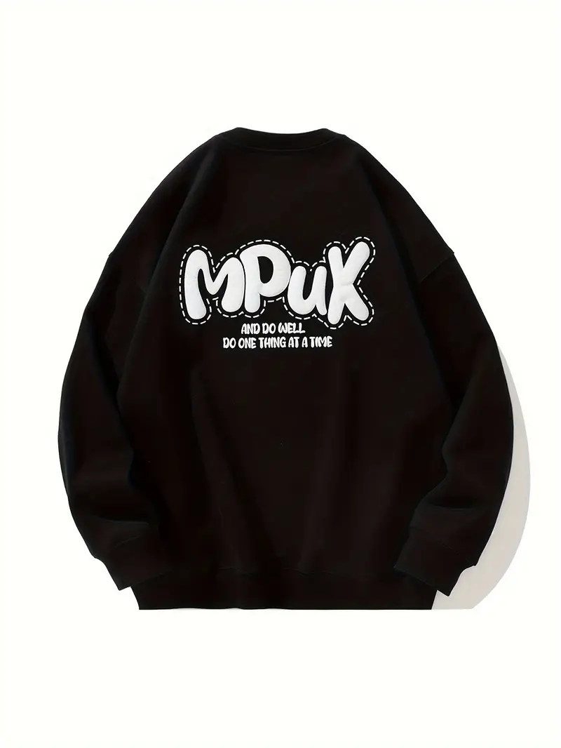 Men's Loose Mpux Print Sweatshirt, Casual Crew Neck Cotton Blend Long ...