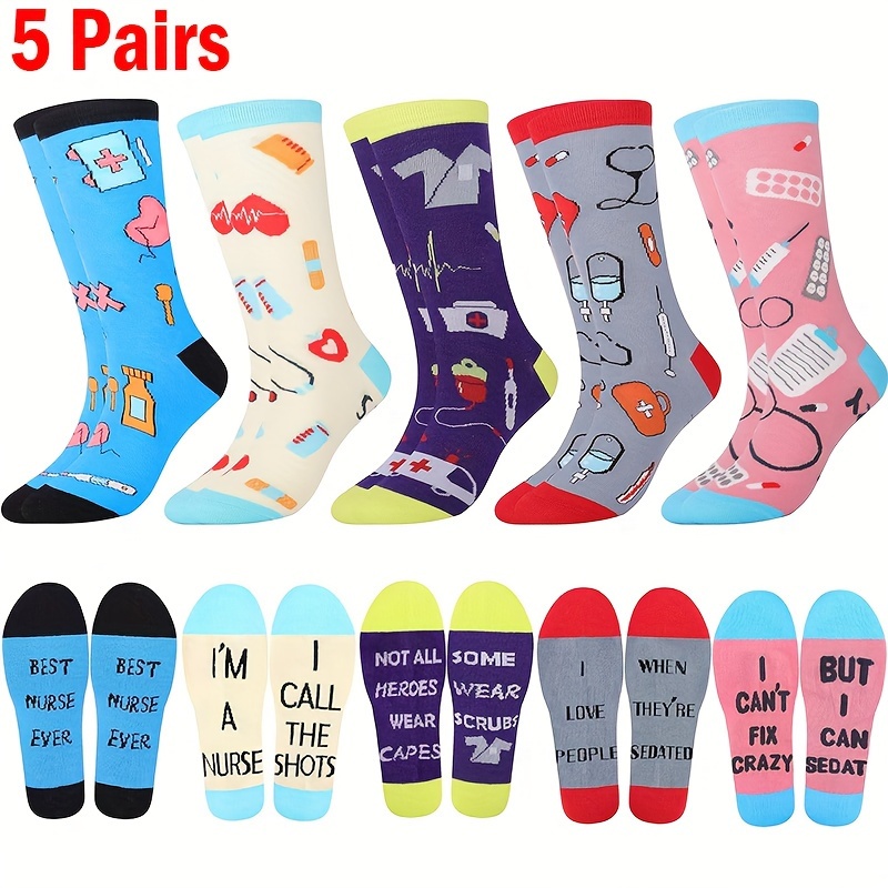 

5 Pairs Nurse Themed Socks, Funny & Novelty Mid Tube Socks, Women's Stockings & Hosiery For Fall & Winter