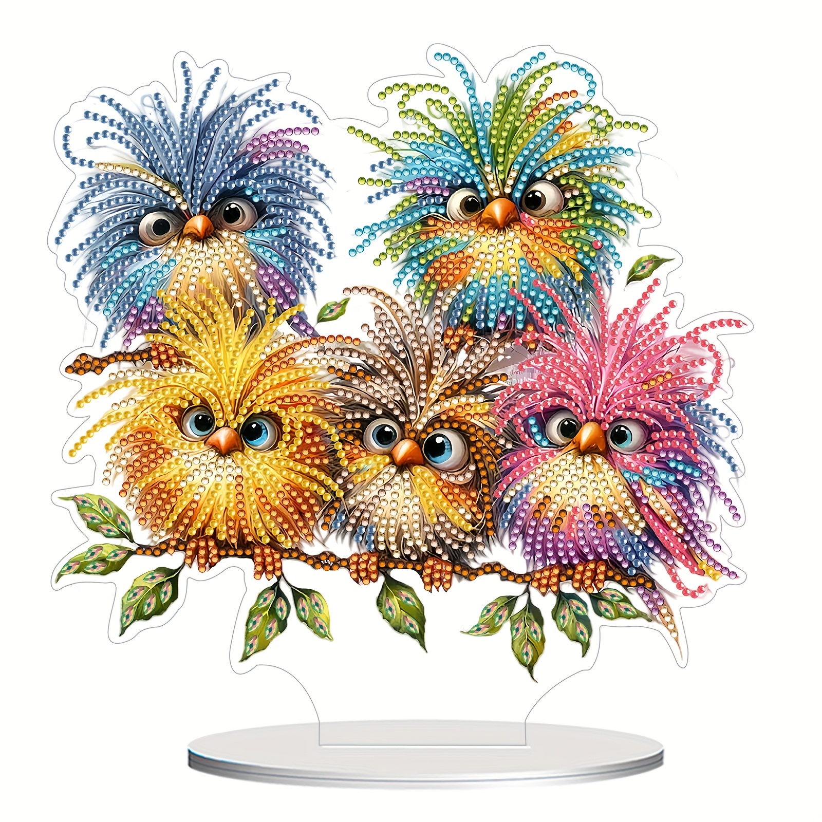 

A Set Of Acrylic Ornaments Featuring 5 Fluffy Birds From A Book, 5d Double-sided In Colors, As Desk Decorations. A Decor Piece And A Creative Gift That Beautifully Completed.