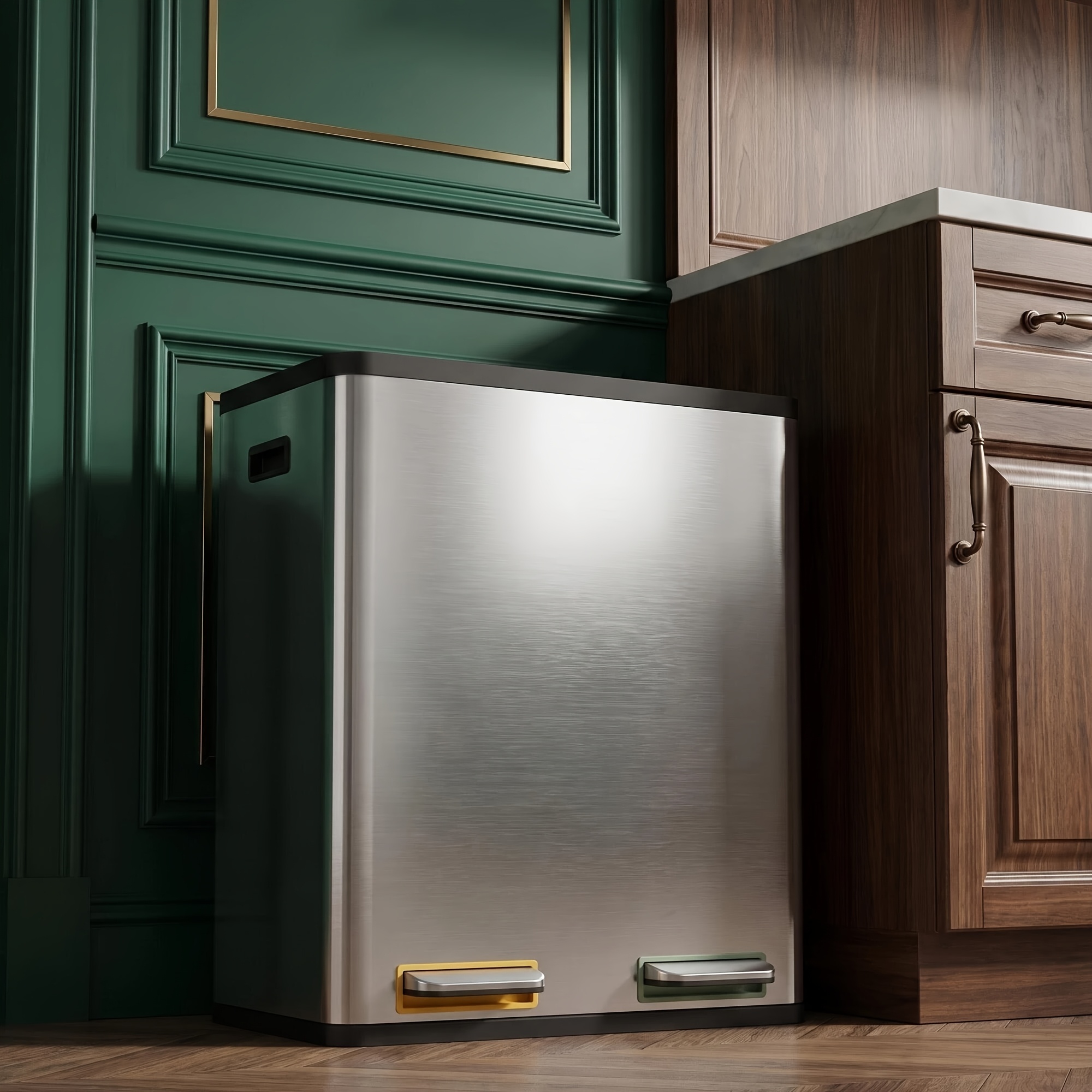 Image of Modern Silvery Pedal Trash Can, Silent And Slow-moving Lid, Stainless Steel 60-liter Capacity (two 30-liter Bins), 15 Trash Bags, Suitable For Kitchen And Living Room.