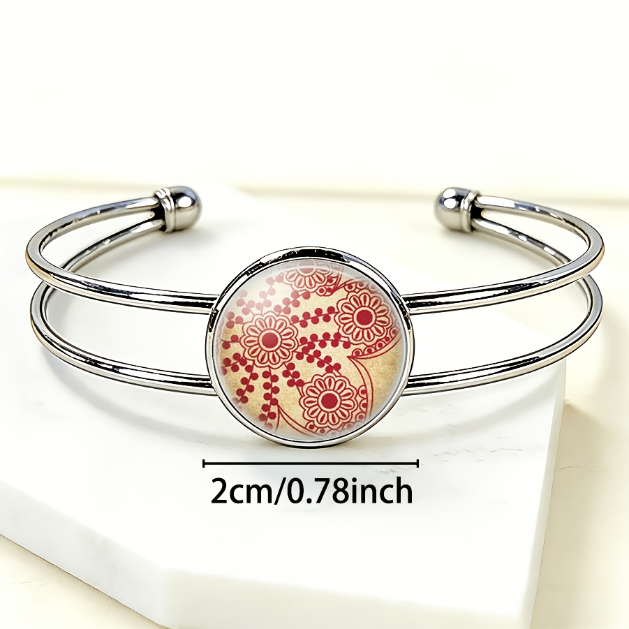 Women's Adjustable Open Bangle with Round Time Gemstone Inlay, Floral Design