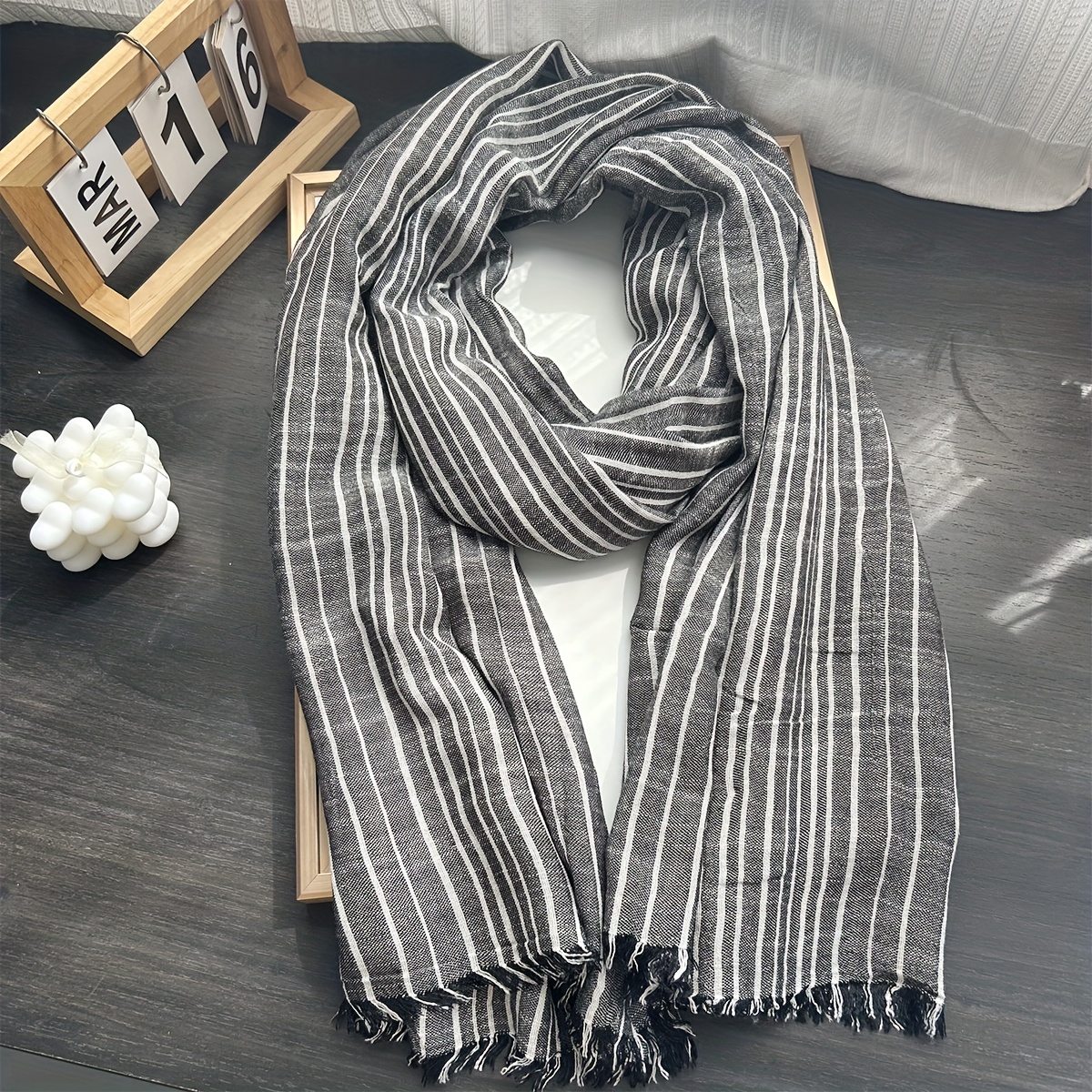 Image of 1pc Jacquard Striped Versatile Scarf, Vintage Casual Breathable Warm Decorative Shawl For Outdoor Wear