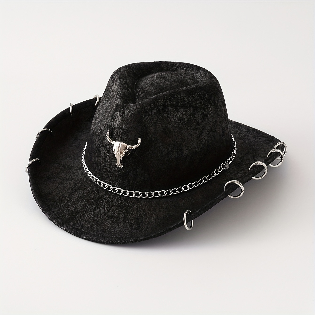 Image of 1pc Unisex Pu Suede Cowboy Hat With Chain Turnbuckle Decoration, Wide Brim Western Style Cowboy Hat, Punk , Adjustable Design, Suitable For Daily, Concert, Outdoor Wear