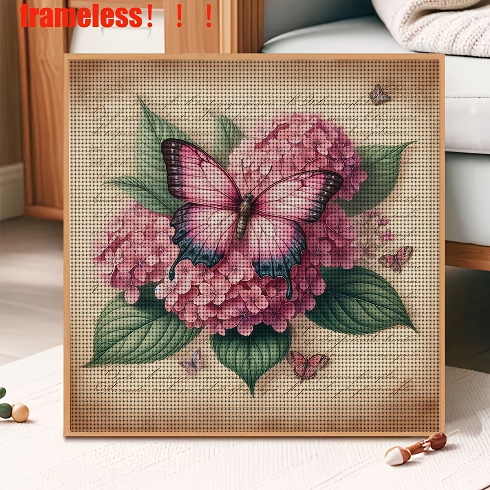 Cross Stitch Printed Kit, Frameless, Retro Paper Pink Flowers with Butterflies Pattern