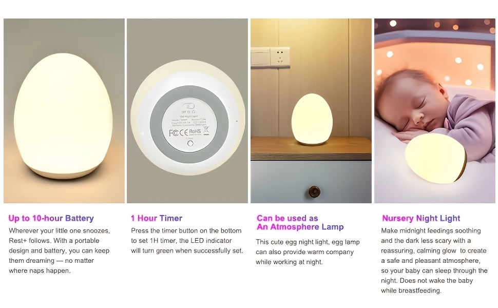Rechargeable Egg-Shaped Night Light with 7 Color Modes, Adjustable Warm White LED, Suitable for Teen Sleep, Touch Control And Timer - Up to 100 Hours of Battery Life