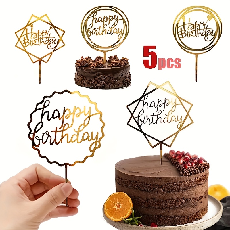 5pcs Happy Birthday Acrylic Cake Tops, Different Styles Cake Golden Glitter Toppers Decorations, Party Supplies, Modern Alphabet Shapecreative Baking Supplies, Birthday Party Decoration Gifts