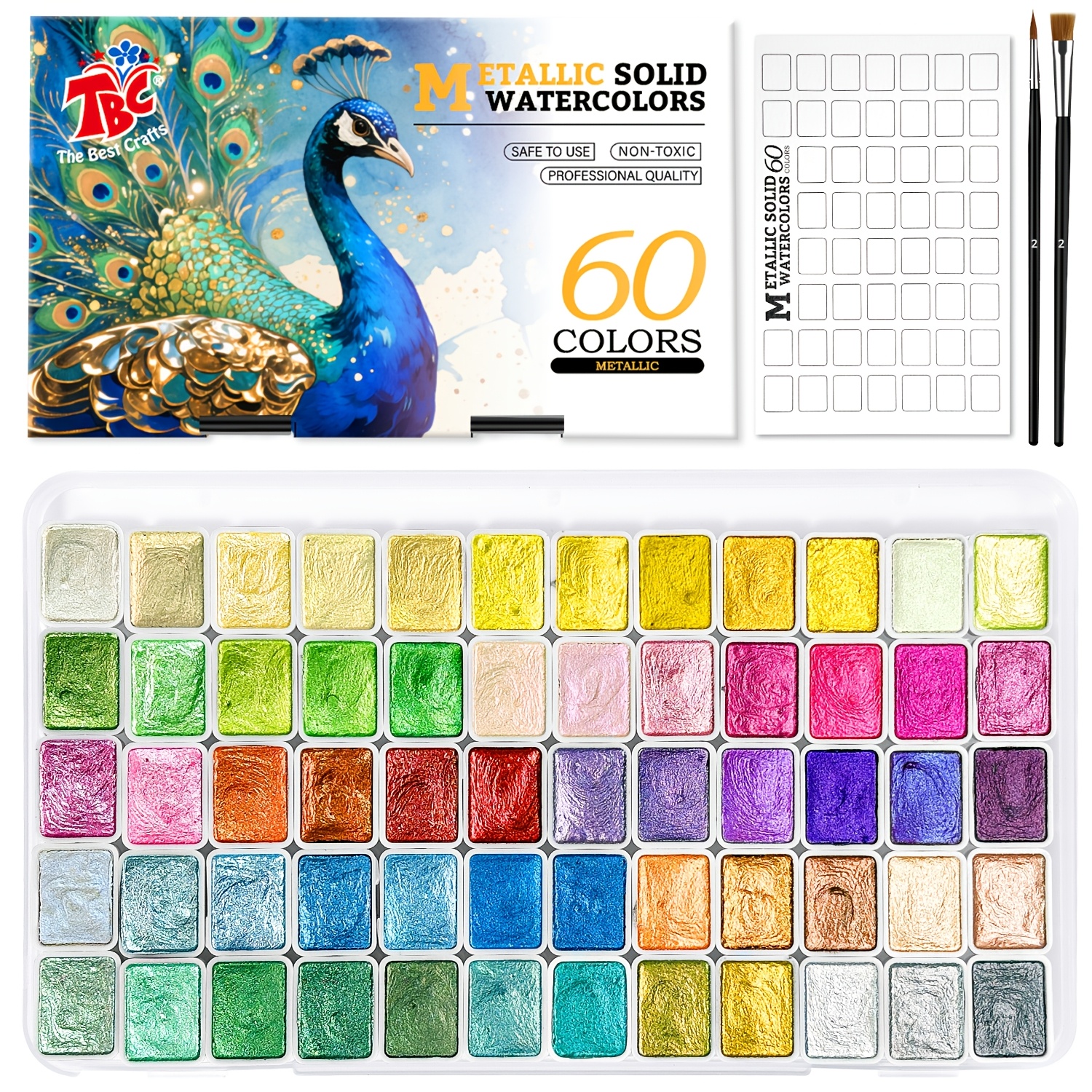 TEMU Tbc 60 Colors Metallic Solid Watercolor Set, 2 Brushes & Palette Included, Art Supplies For Painting/travel/school, Adult Beginners &