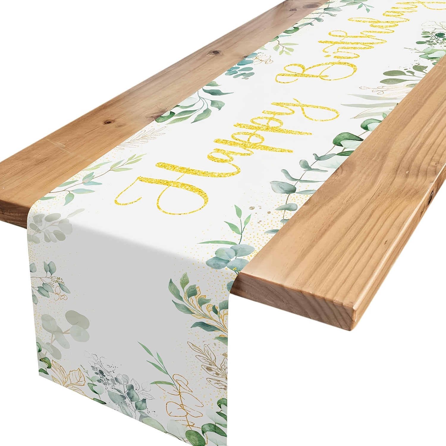 

1pc Linen Happy Birthday Table Runner, Green Leaves & Eucalyptus Design, Rectangular Woven Table Decoration For Home & Party, In 13x48/13x72/13x108 Inches