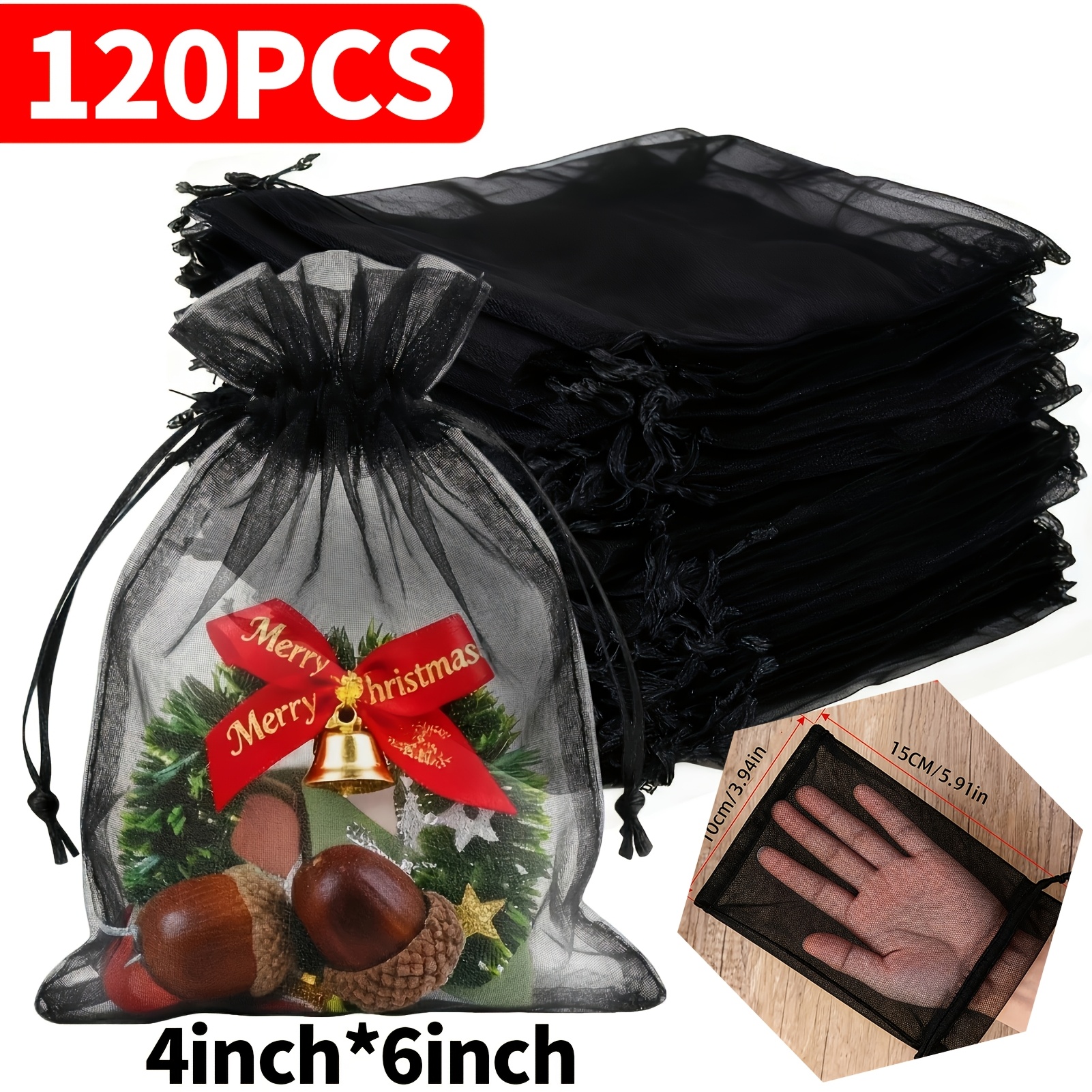 Darilo zanjo/zanj 120 kosov črnih vrečk iz z vrvico 4X6 palcev/10X15 cm - Mini prosojne darilne vrečke z dvojnim šivom za poročne zabave, nakit,