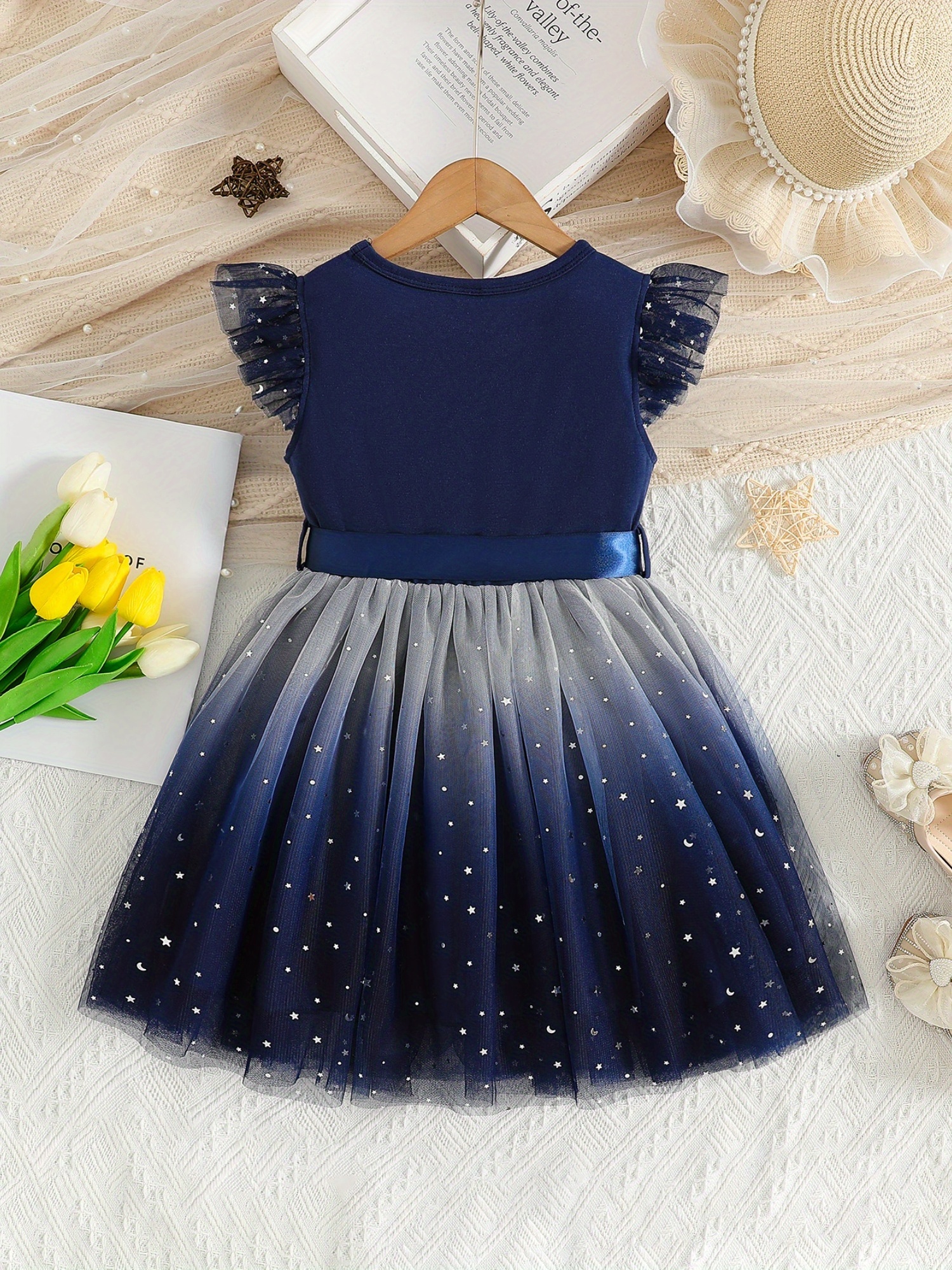 girls fashion gradient mesh dress blue gray gradient elegant - Temu