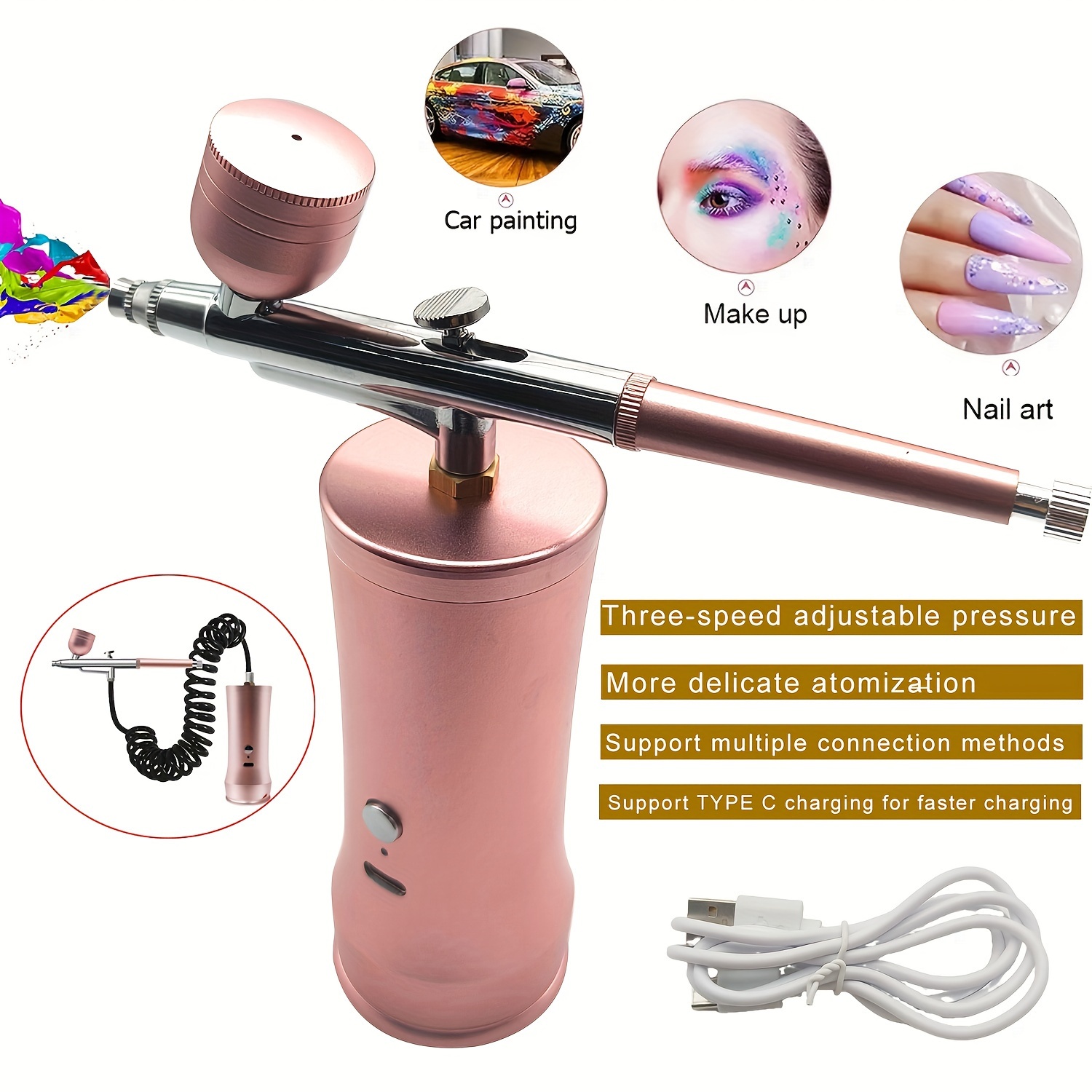 

Portable Airbrush Kit With 0.3mm Tip - Usb Rechargeable, Adjustable Pressure For Art, Makeup & Baking - Includes 3 Cups & Cleaning Brushes