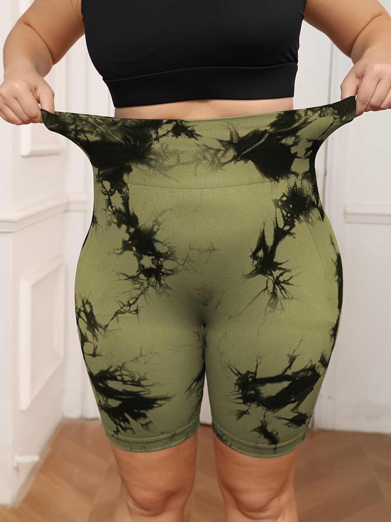 Plus Size Women's High-Waisted Tummy Control Yoga Shorts - Tie-Dye Design, Stretchy Machine-Washable Fabric for Summer Workouts & Casual Wear, Tummy Control Shorts, Stylish Workout Apparel, Highelastic Fabric