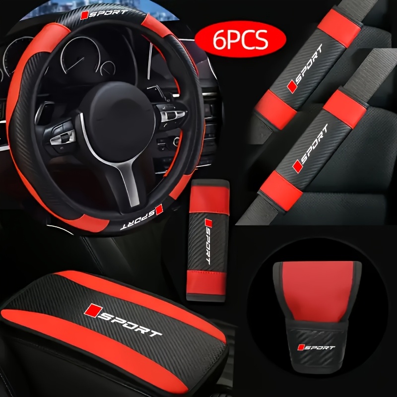 TEMU 6pcs Fashion Car Interior Value Gift Set, Pu Leather Material Non-slip Breathable Universal Car Steering Wheel Cover, Armrest Pad, Shoulder Pad,