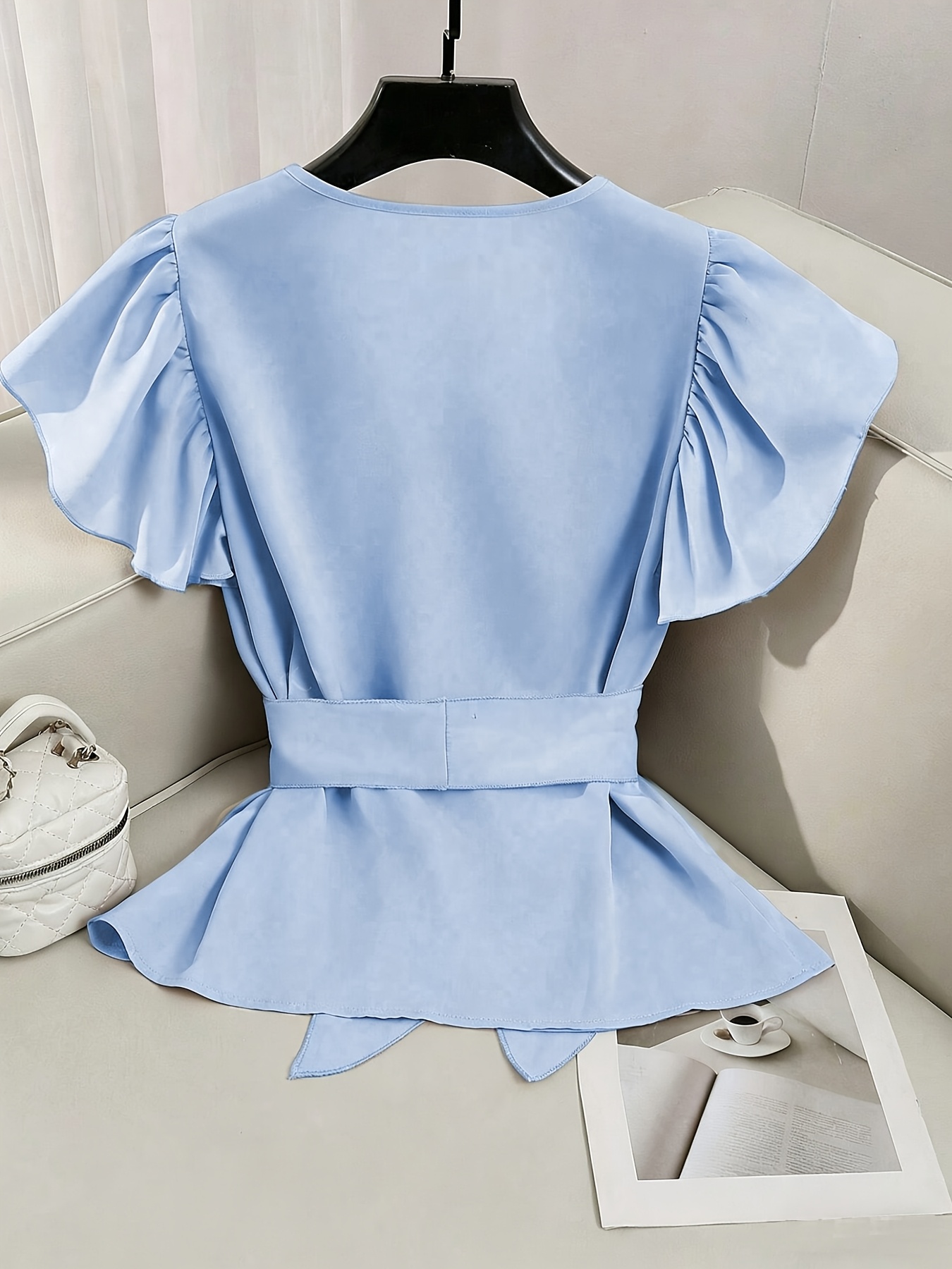 2026 new chiffon tie neck blouse ruffle sleeves v neck tie - Temu Oman