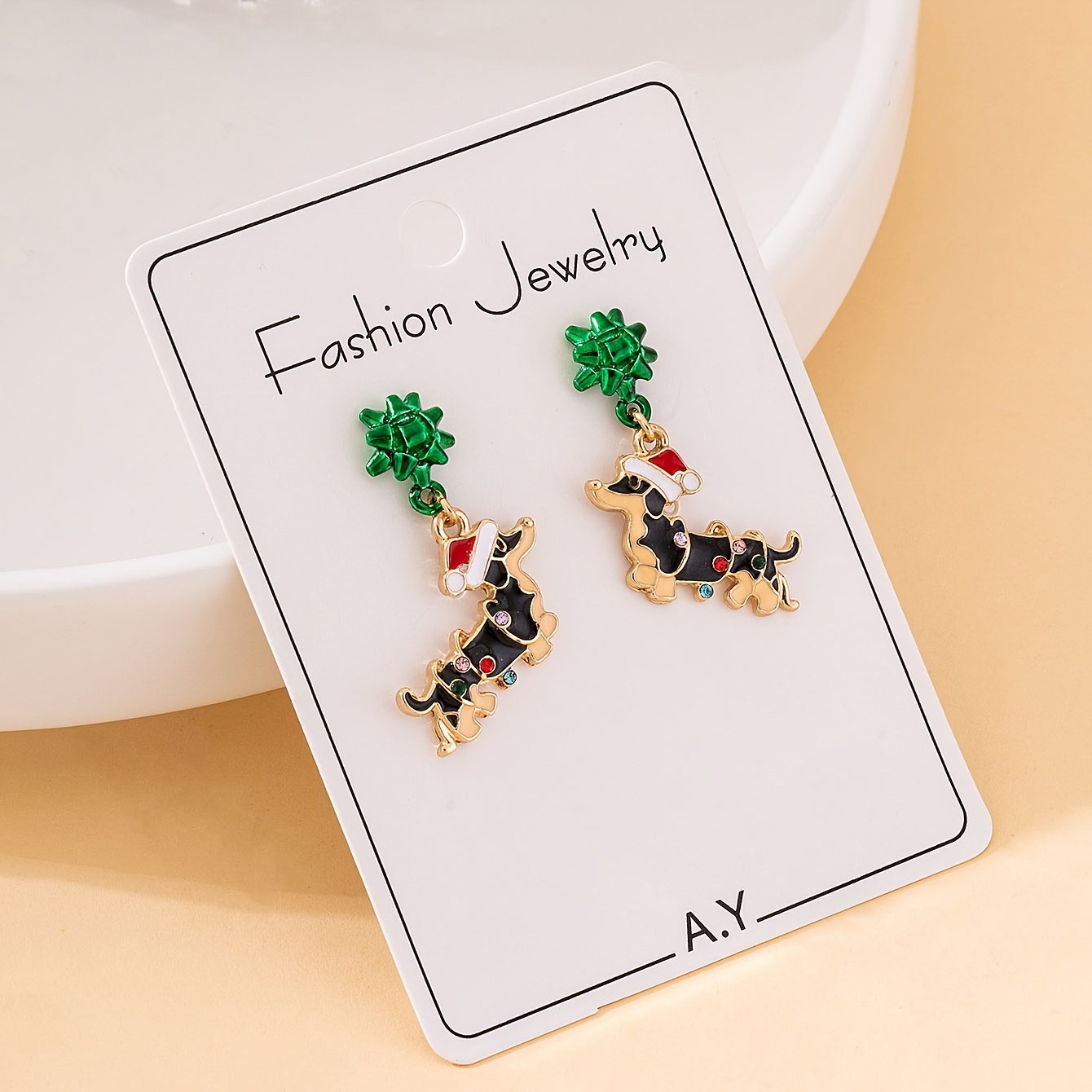 TEMU 1 Pair Enamel Drip Christmas Dog Earrings, Flower With Red Santa Hat And Colorful Tinsel Dog Earrings, Suitable For Holiday Additions, Christmas