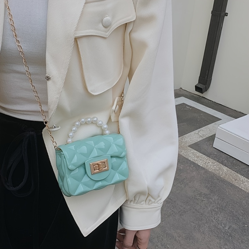 

Elegant Mini Tote Handbag For Women, Geometric Quilted Shoulder Bag, Faux Pearl Handle Chain Crossbody Purse