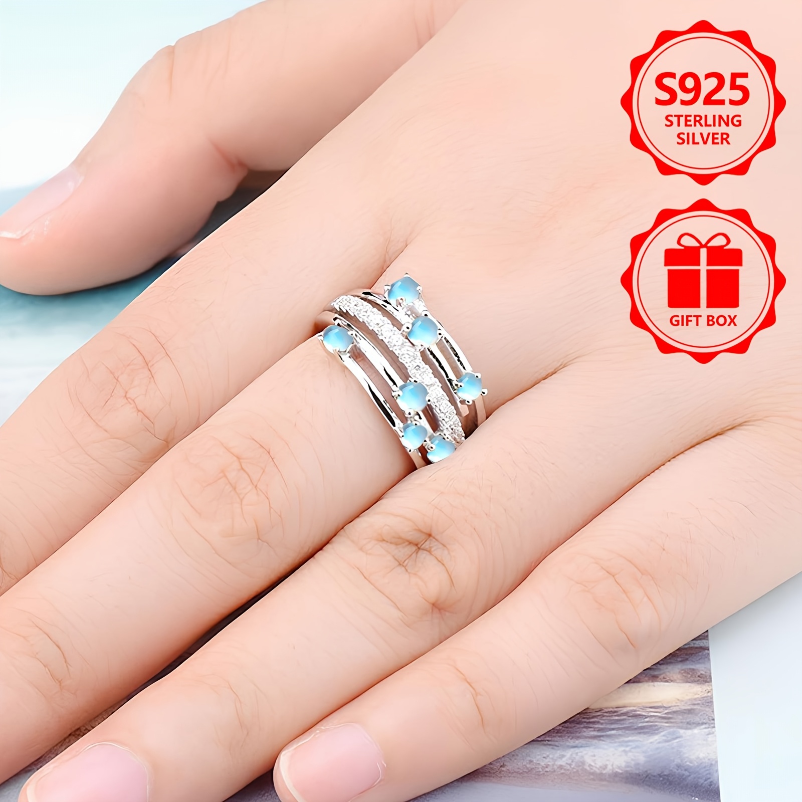 925 Silver Moonstone Layer Ring with Zirconia