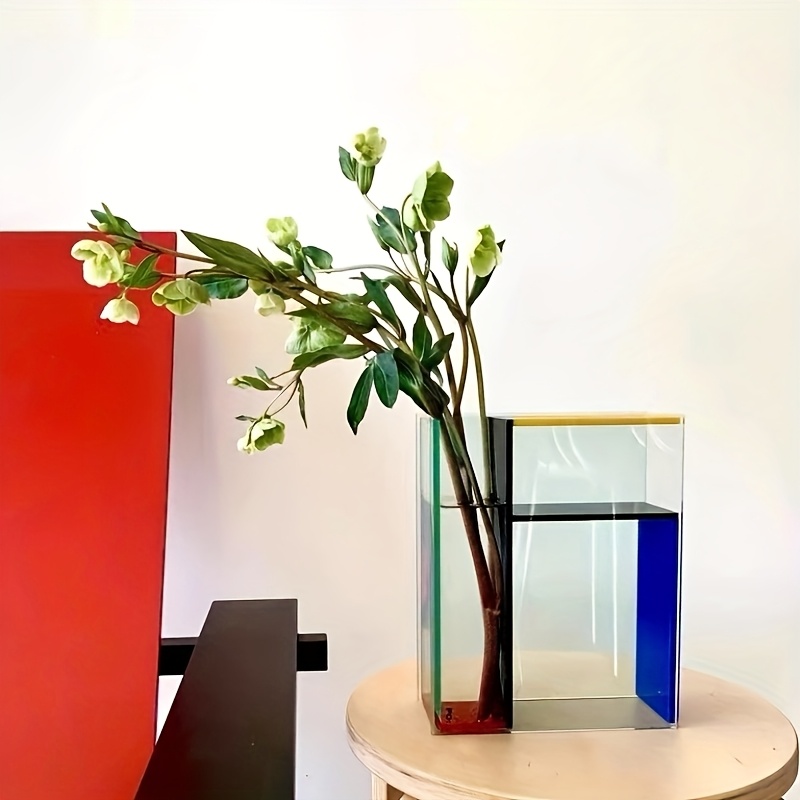 Image of 1pc, Acrylic Vase With Transparent, Red, Yellow, And Blue Panels - Modern Art Decor Suitable For Home And Room Decoration