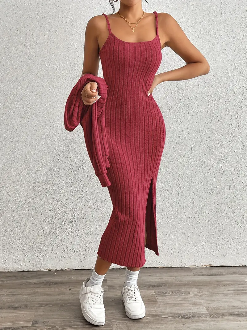 solid ribbed elegant dress set long sleeve open front - Temu Kazakhstan solid ribbed elegant dress set long sleeve open front - Temu Kazakhstan