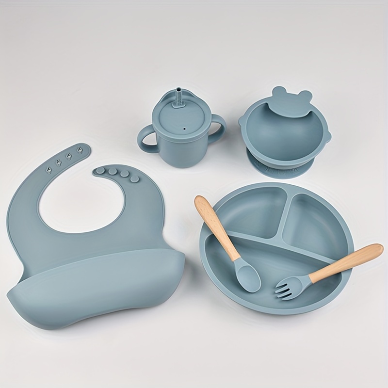 imagen del artículo juego de 6 utensilios de comedor para bebé hechos de silicona, que   un   con  ,  , tenedor, cuchara, babero y vaso con   -   para regalos de navidad, halloween o  