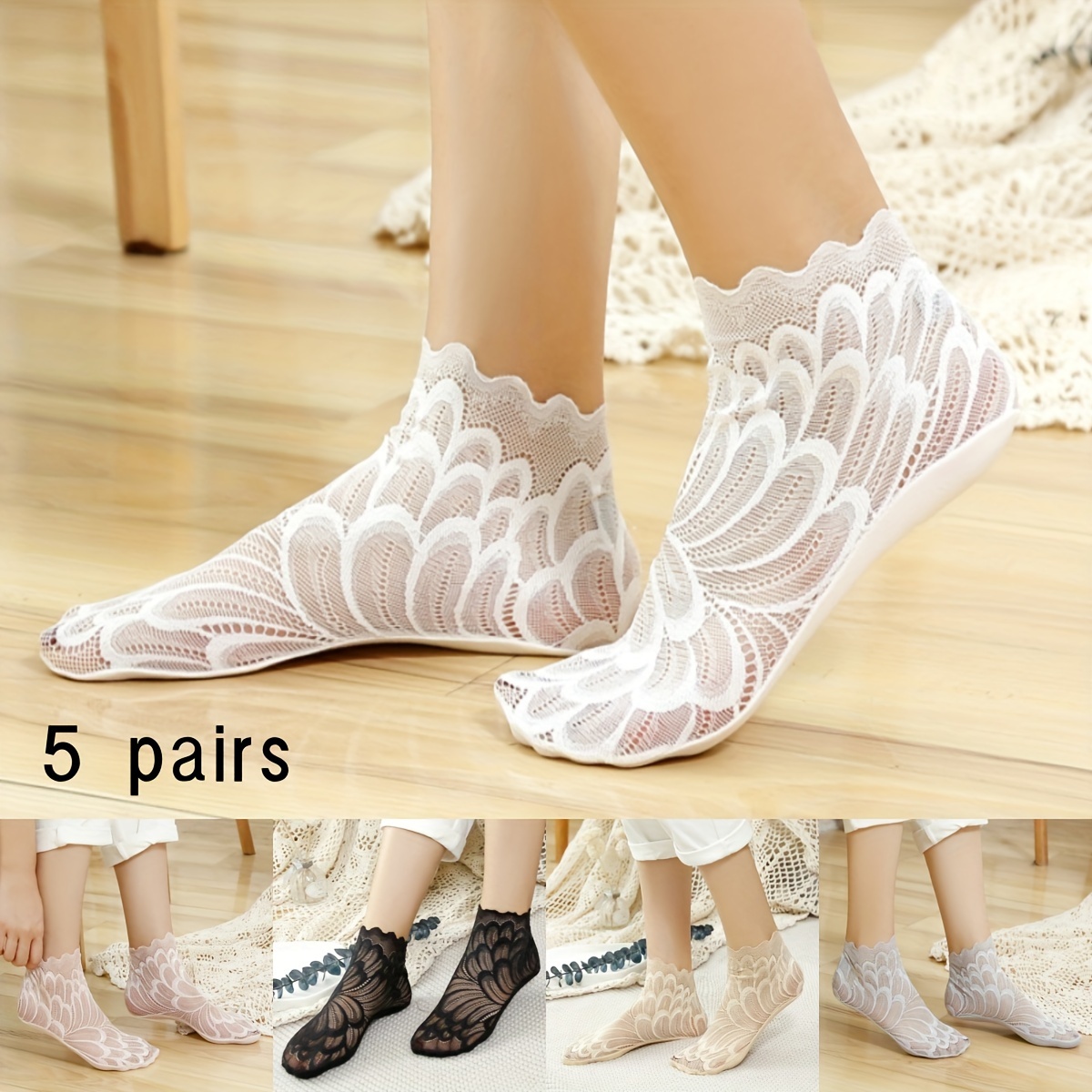 

5 Pairs Floral Lace Mesh Socks, Cute & Breathable Short Socks, Women's Stockings & Hosiery