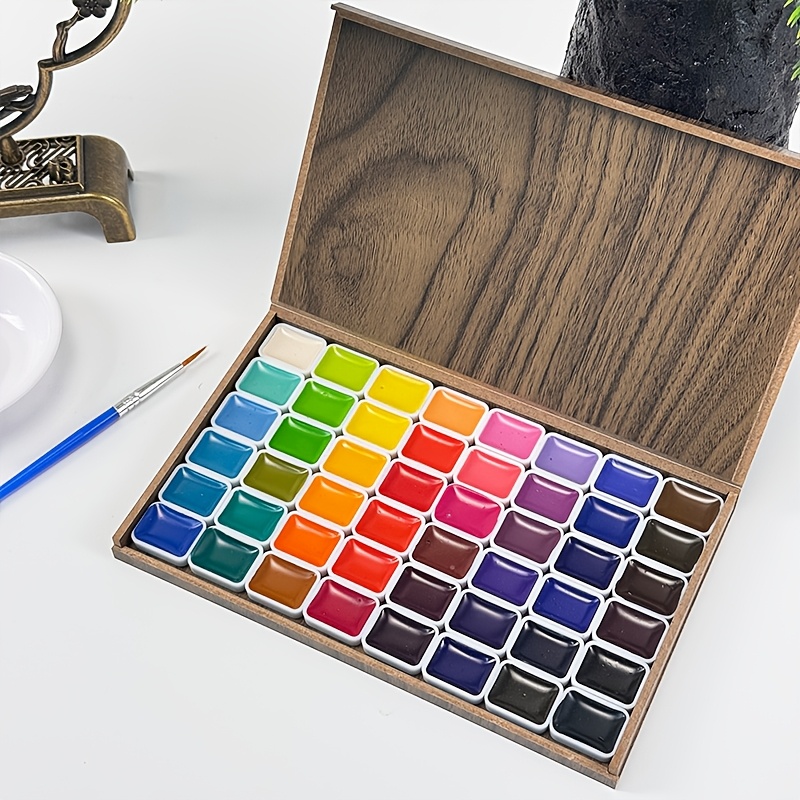 TEMU Suitable For Professional Artistic Use, 48 Color 1ml Solid Color Watercolor Paint, With 2 Brushes, Wooden Box, Easy To Color, Suitable For Art,