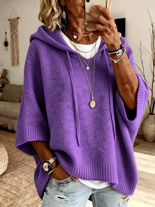 Artikelbild damen eleganter, lässiger, niedlicher, kapuzenpullover, kurzer umhangcardigan mit fledermausärmeln, kurzärmelig, halblangärmelig, strickware, plüsch, gemustert, einfarbig, weicher, warmer pullover