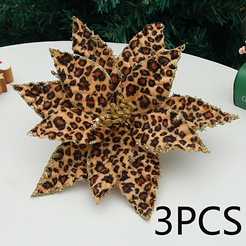 TEMU 3pcs Artificial Christmas Flowers With Stems Glitter Leopard Print Poinsettia Flowers Fake Leopard Print Lotus Christmas Flower Decoration For