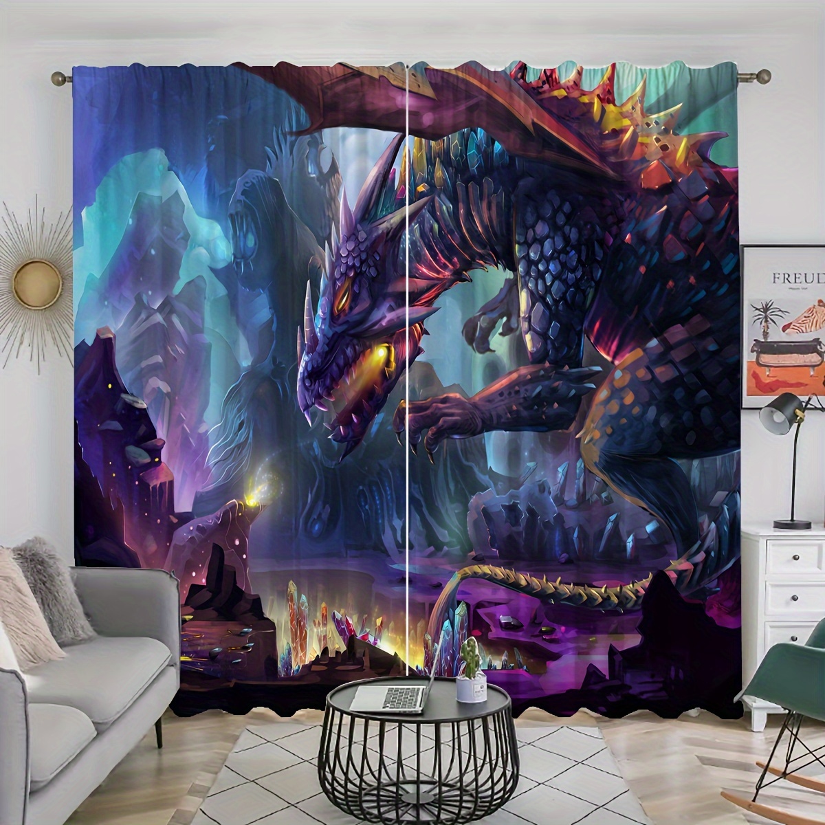 

2pcs, Dragon Print Curtains, Rod Pocket Curtain, Suitable For Restaurants, Public Places, Living Rooms, Bedrooms, Offices, Study Rooms, Home Decoration