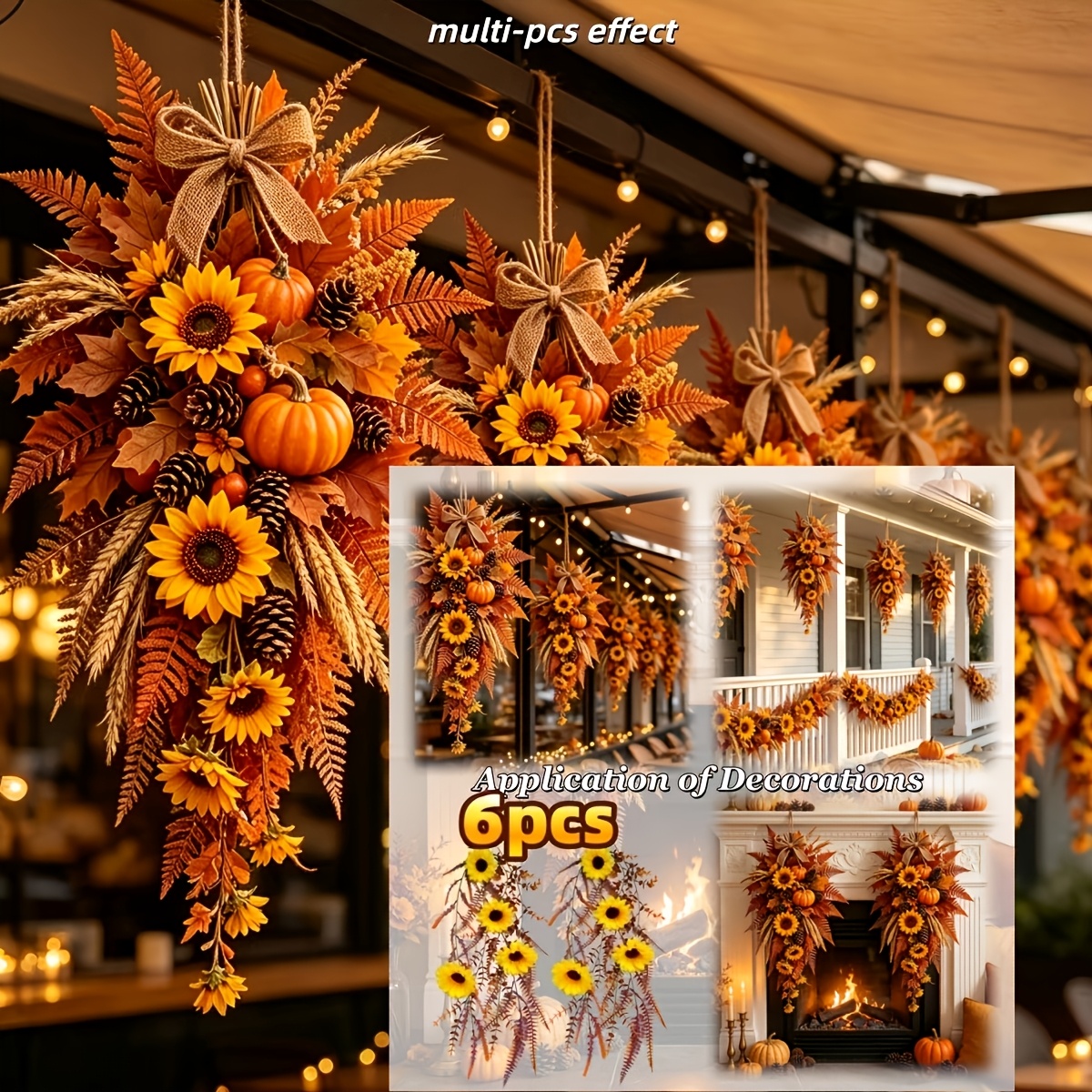 TEMU Set da 6 pezzi da appendere a girasoli artificiali autunnali dai toni da 75 cm/29,53 pollici, Decorazione da appendere per porta con girasoli