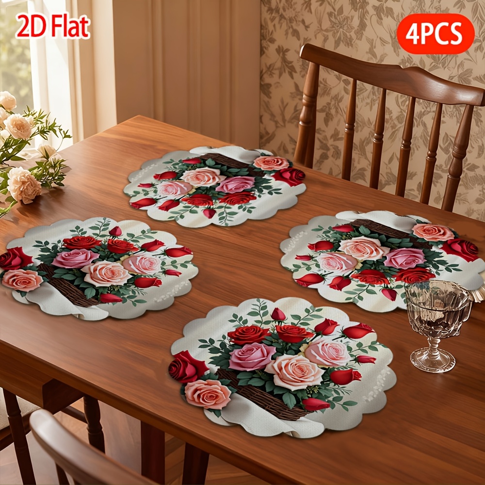 TEMU 2d Flat, 4pcs Placemats, Flower Basket Rose Bouquet Pattern Lace Table Mats, For Easter Decorations, Valentine's Day Gift, Suitable For Party