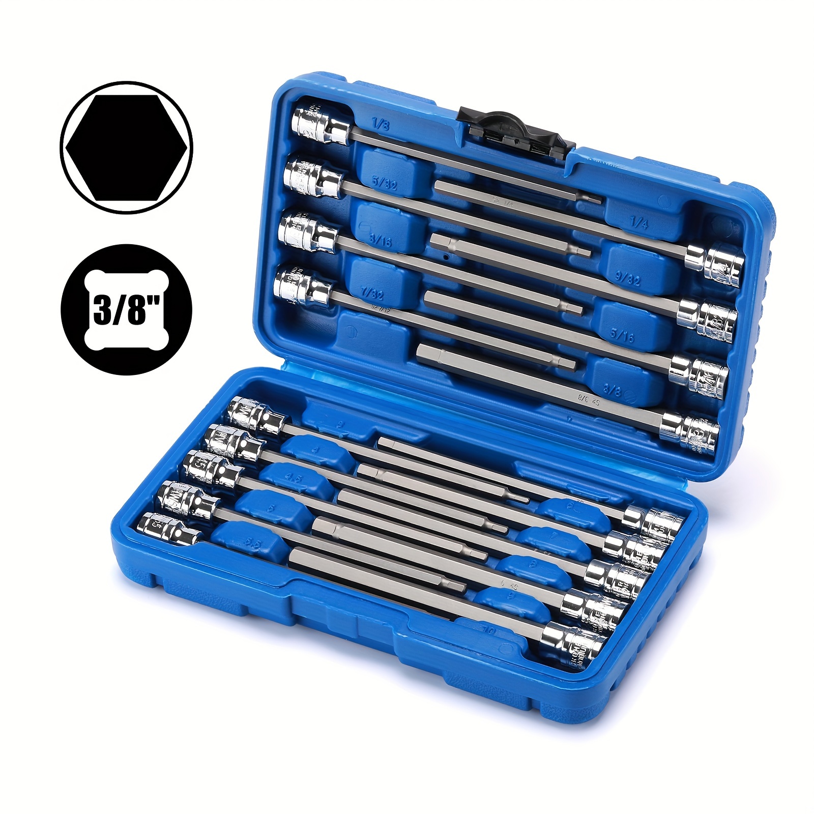 

13pcs/18pcs 1/4, 3/8", 1/2 Drive Extra Long Hex Bit Socket Set, Sae&metric, Extra Long Allen Hex Bit Socket Set, And S2 Steel, 3mm To 12mm/ 1/8 Inch To 3/8 Inch, 3mm To 10mm, 150mm Length