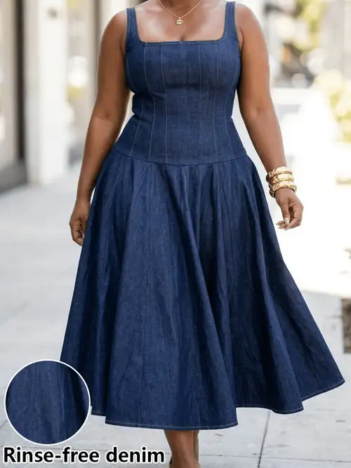 Non-Denim Fabric Square Neck Sleeveless Waisted A-Line Maxi Dress Women's Elegant Vintage * * Daily Commutes and Casual * Non-Denim Fabric Square Neck Sleeveless Waisted A-Line Maxi Dress Women's Elegant Vintage * * Daily Commutes and Casual *