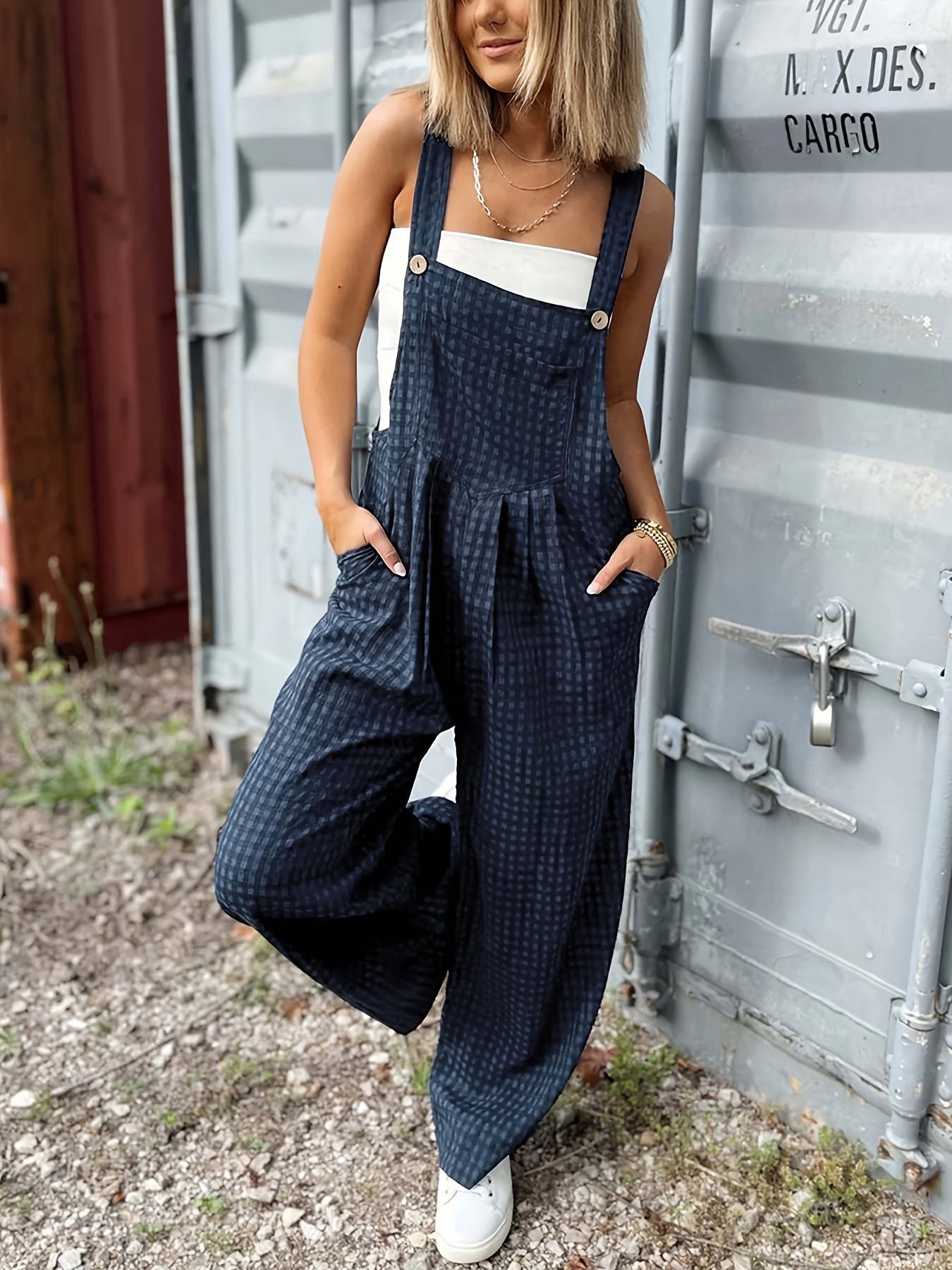 Women'S Stylish Black Plaid Jumpsuit with Strapless Back - Casual, Spring/Summer/Fall, Casual Attire|Strapless Jumpsuit|Plaid Pattern