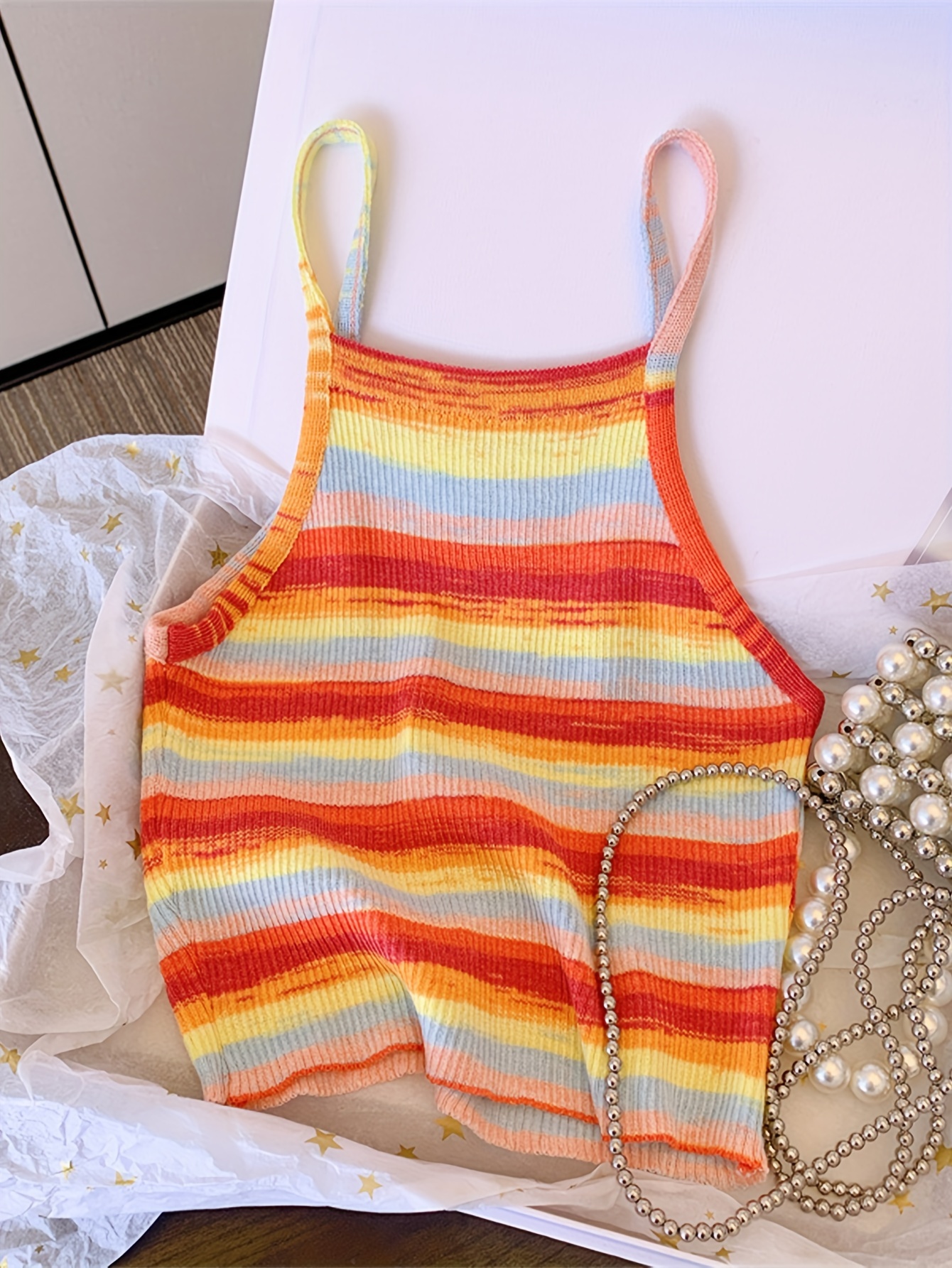 Striped Ribbed Knit Cami Top Casual Sleeveless Square Neck - Temu