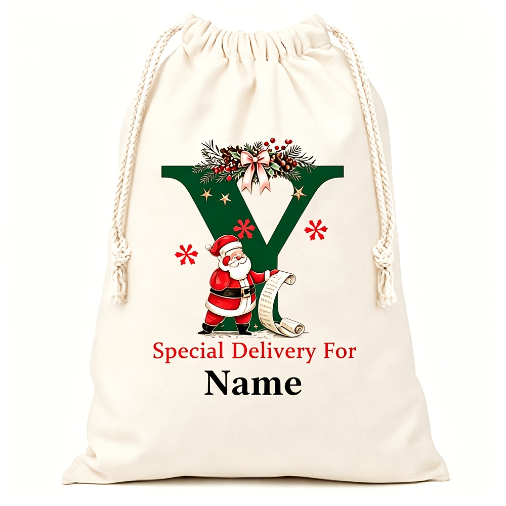 TEMU Personalized Initial And Name Christmas Canvas Gift Bag, Custom Large Pattern-drawn Bag, Personalized Christmas Decoration Gift, Christmas Gift