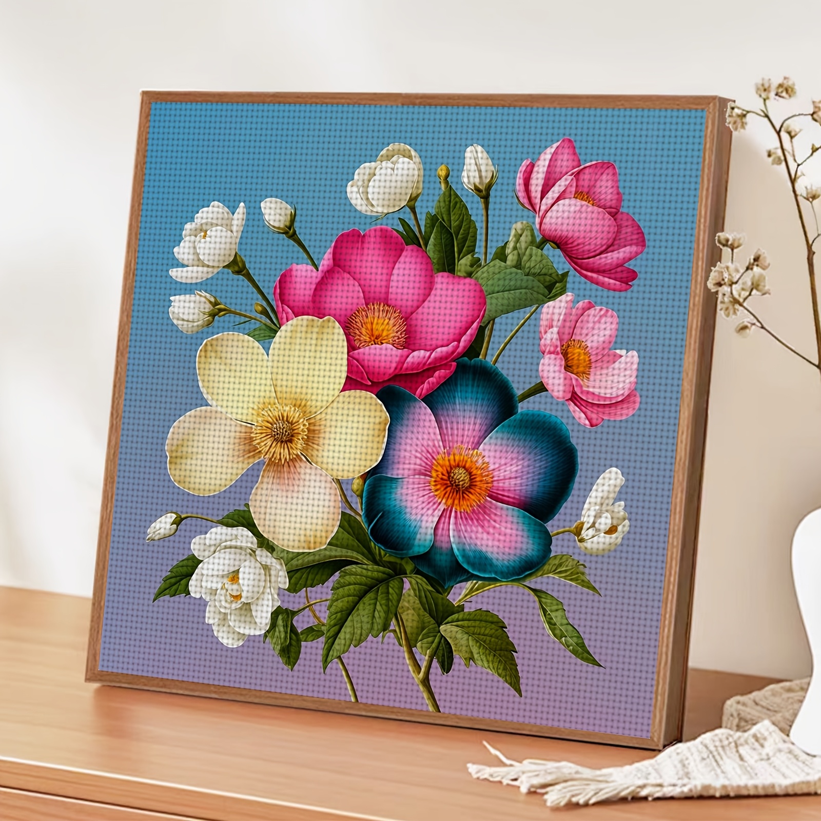 Printed Fabric Cross-Stitch Kit 'Colorful Bouquet Illustration', Unframed