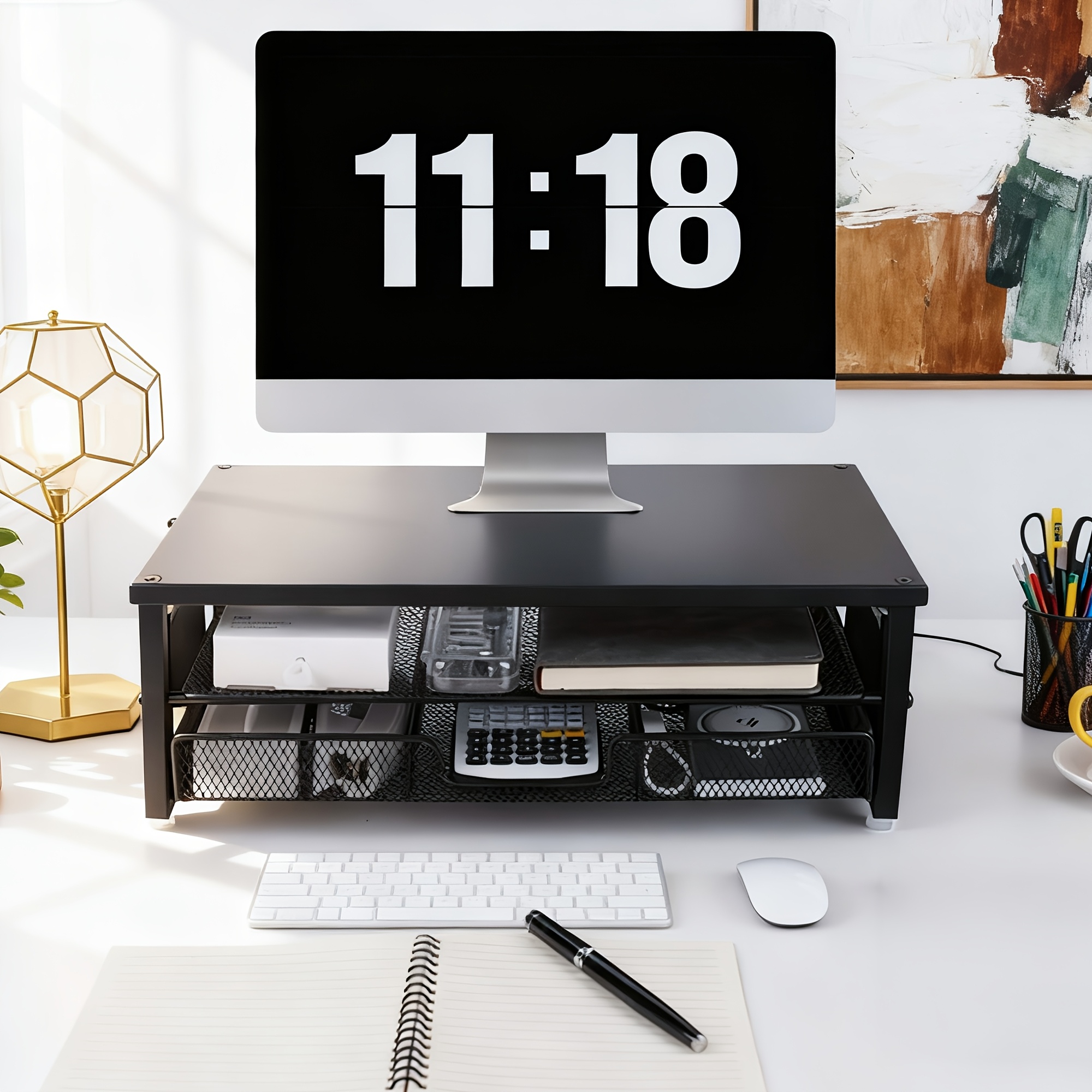 TEMU Pink/ Black Desk Organizer And Accessories, 2-tier Computer Monitor Stand Riser With Drawer And 2 Pen Holders, Laptop Stand, Office Desk