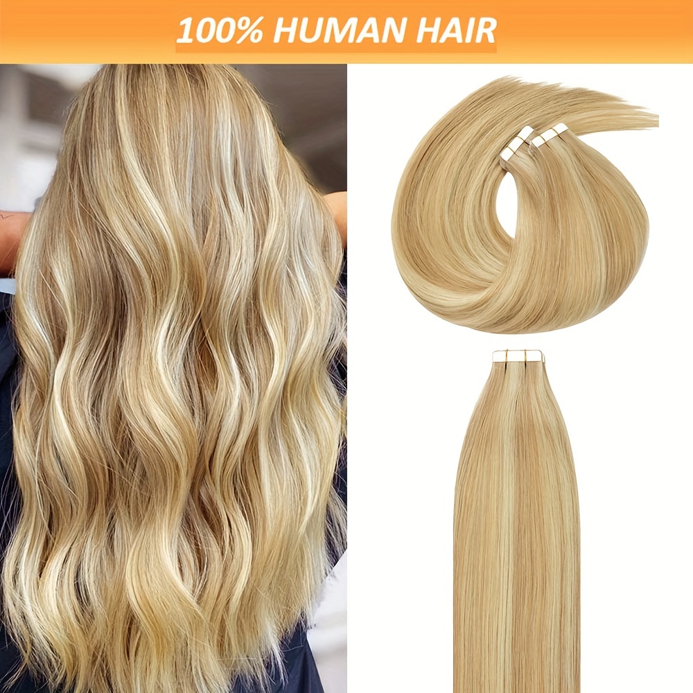 

Seamless Invisible Tape For Human Hair Extensions: 100% Remy Hair, 20 Pcs/1 Pack, Long Straight, Soft & Natural, 18-26 Inch, Blonde Mixed Colors