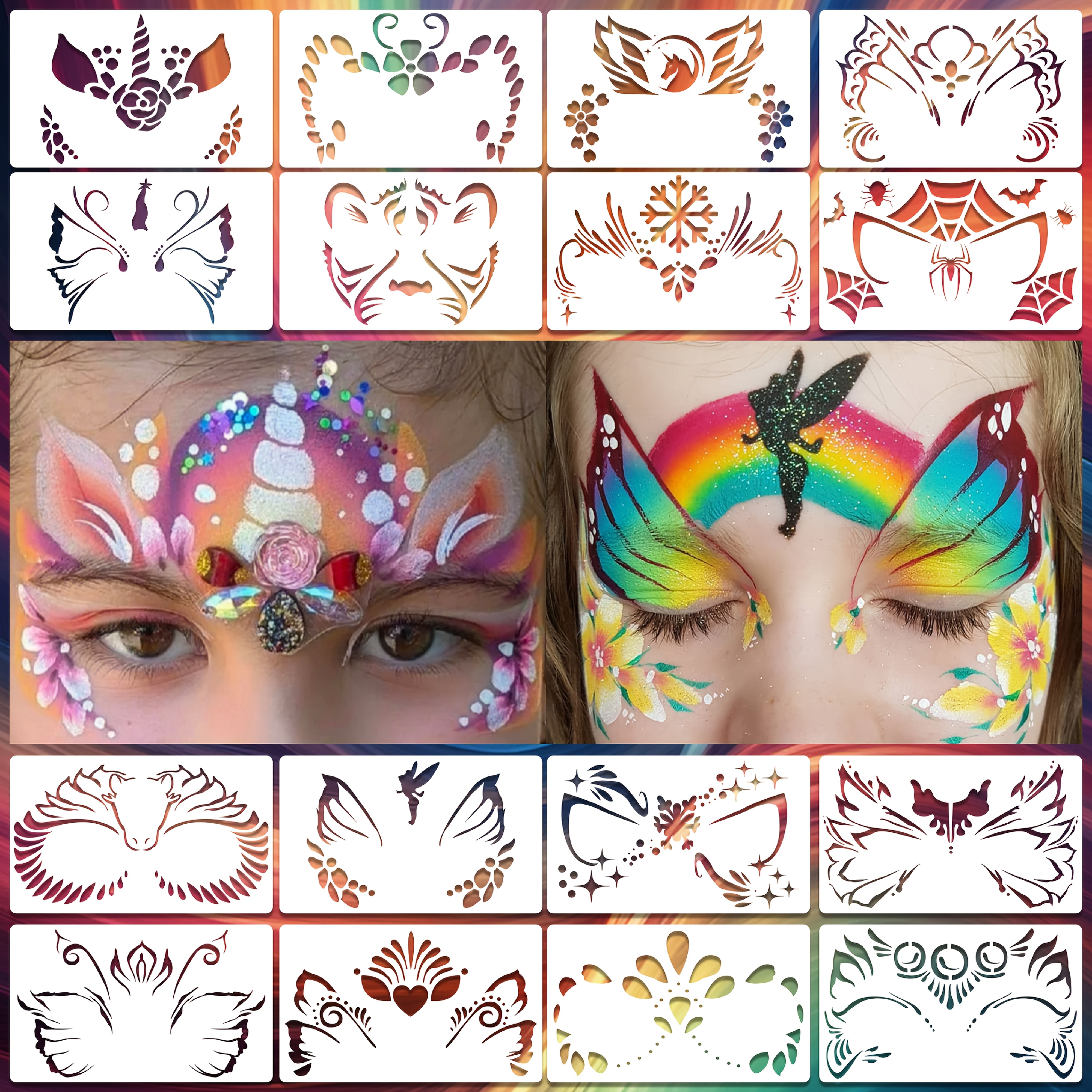 

16pcs Vibrant & Easy-to-clean Reusable Pet Stencils For Halloween & Masquerade Parties - Diverse Designs Including Flowers, Butterflies, Animals & More, Face Painting