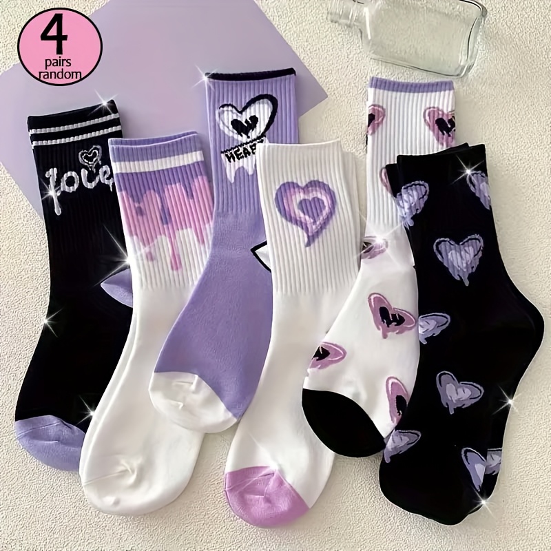 TEMU Random 4 Pairs/10 Pairs Purple Series Heart Print Socks, Comfortable And Breathable Mid-calf Socks, Women's Socks And Hosiery
