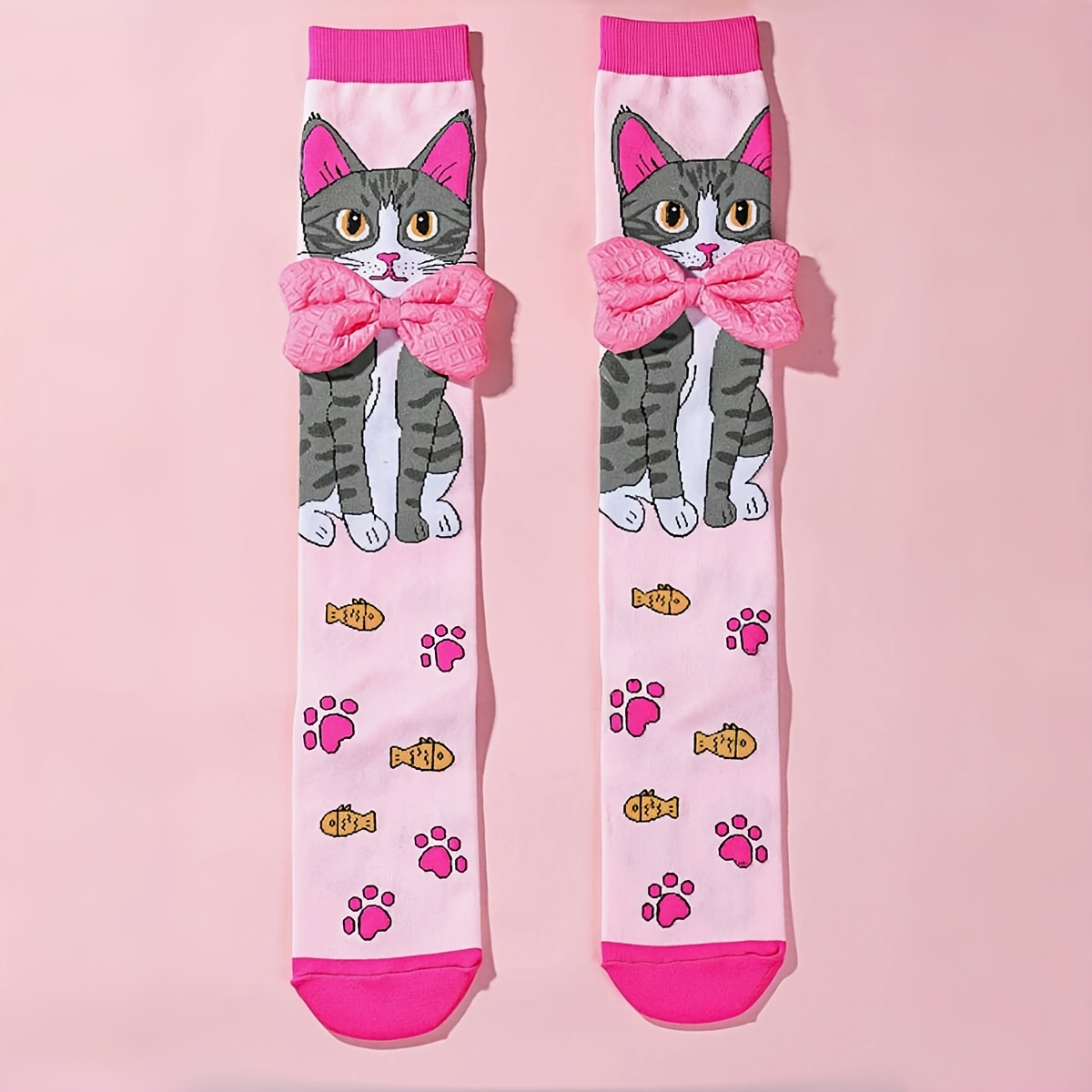 1 Paar Meisjes Over-de-Knie Sokken met Schattig Kattenontwerp & Roze Strikjes - Levendige Roze Polyester Sokken voor Alle Seizoenen